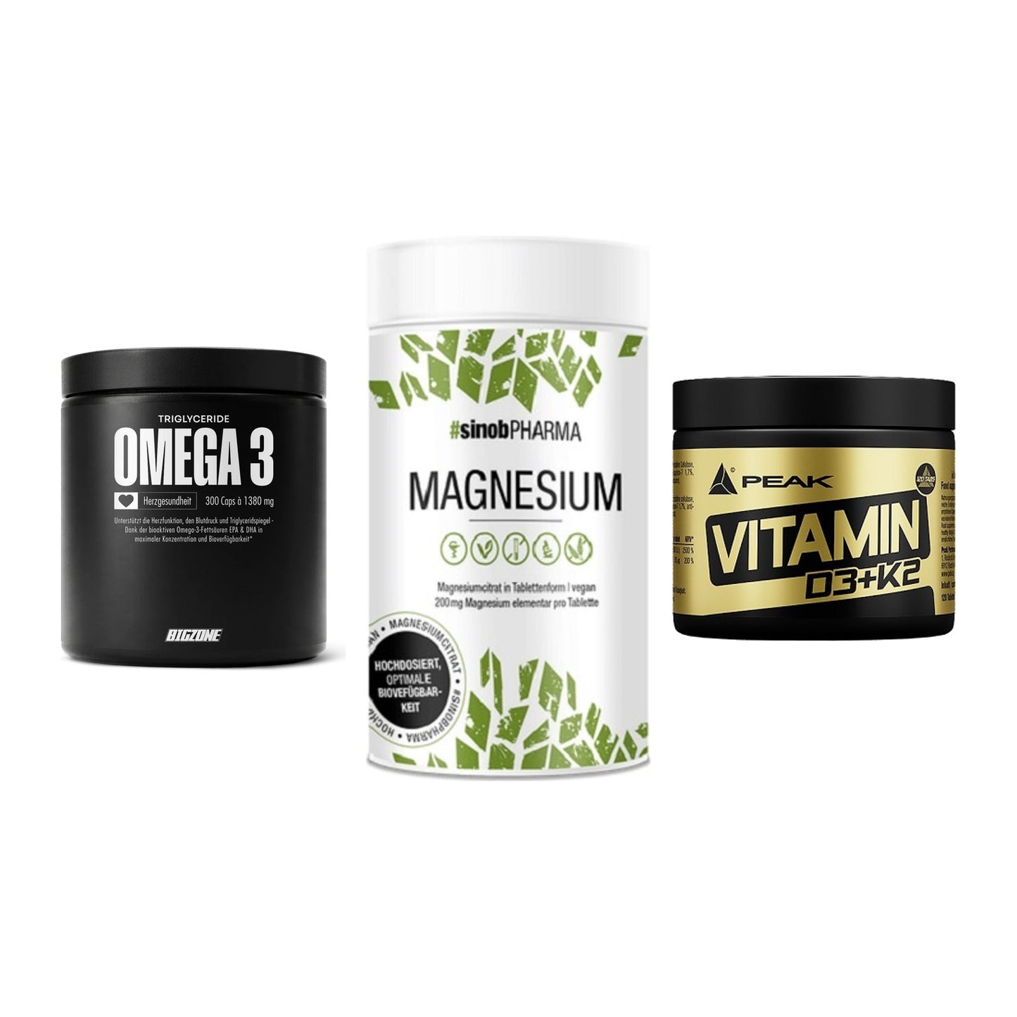 Herz & Gefäße: Big Zone Omega 3 + Sinob Magnesium + Peak Vitamin – alle enthaltenen Artikel