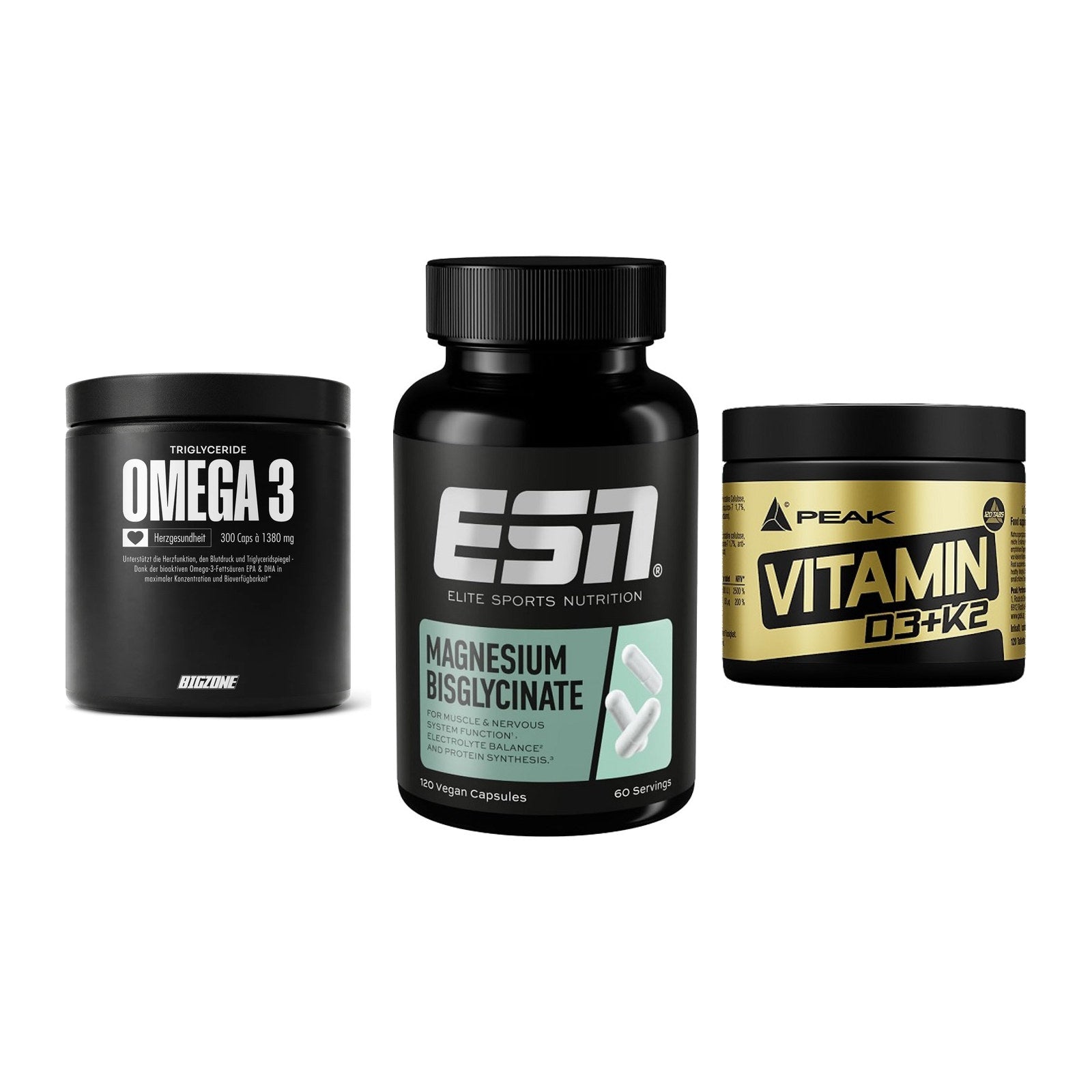 Herz & Gefäße: Big Zone Omega 3 + ESN Magnesium + Peak Vitamin – alle enthaltenen Artikel
