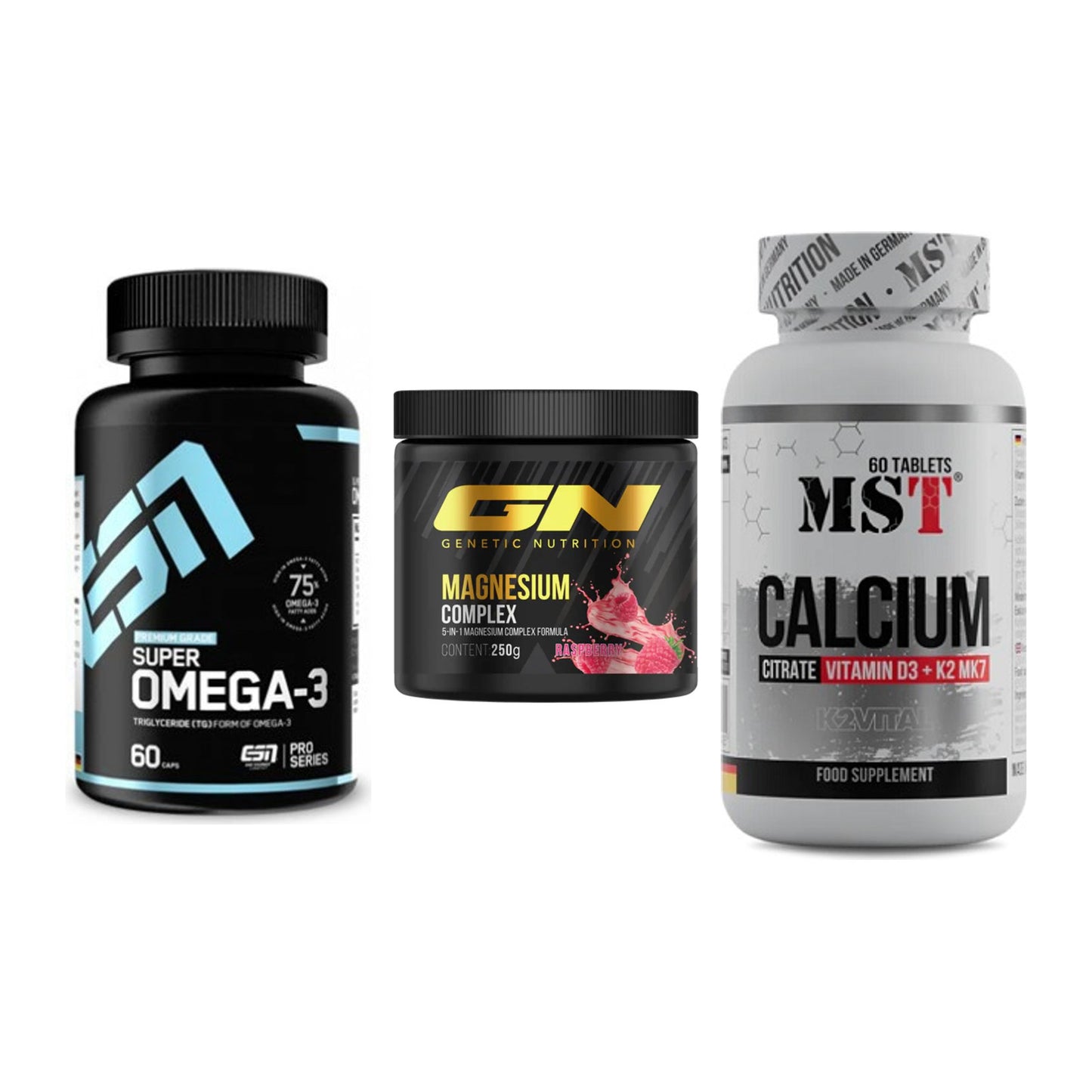 Herz & Gefäße: ESN Omega 3 + GN Magnesium + MST Calcium – alle enthaltenen Artikel