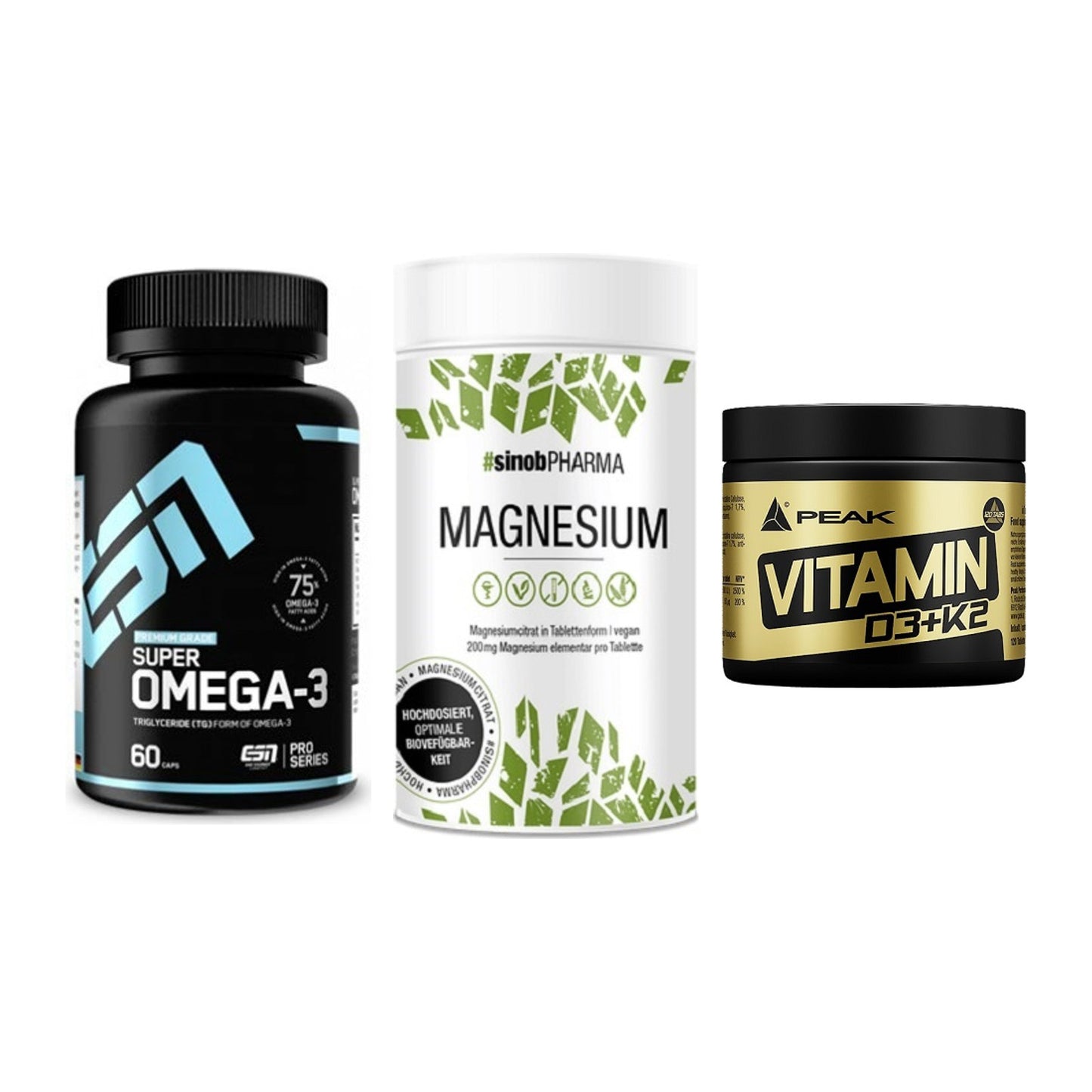 Herz & Gefäße: ESN Omega 3 + Sinob Magnesium + Peak Vitamin – alle enthaltenen Artikel