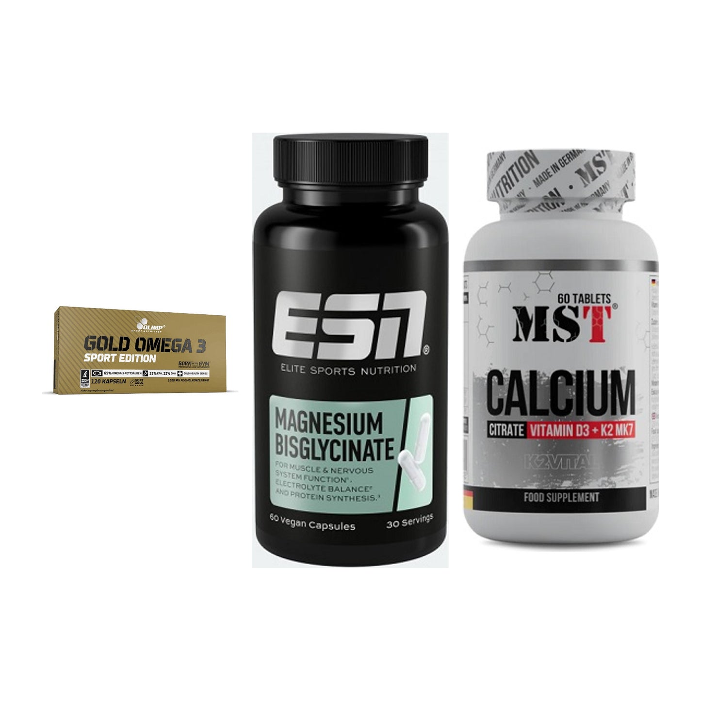 Herz & Gefäße: Olimp Omega 3 + ESN Magnesium + MST Calcium – alle enthaltenen Artikel