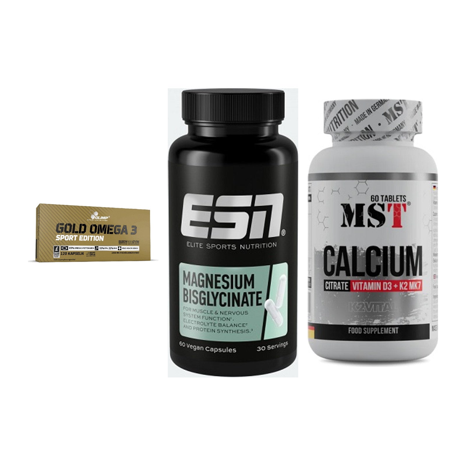 Herz & Gefäße: Olimp Omega 3 + ESN Magnesium + MST Calcium – alle enthaltenen Artikel