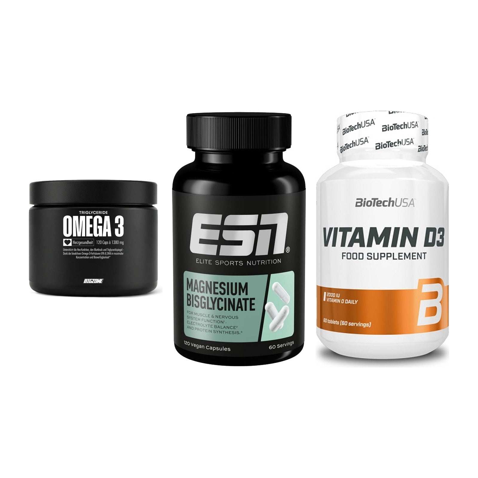 Herz & Gefäße: Big Zone Omega 3 + ESN Magnesium + BioTech Vitamin – alle enthaltenen Artikel