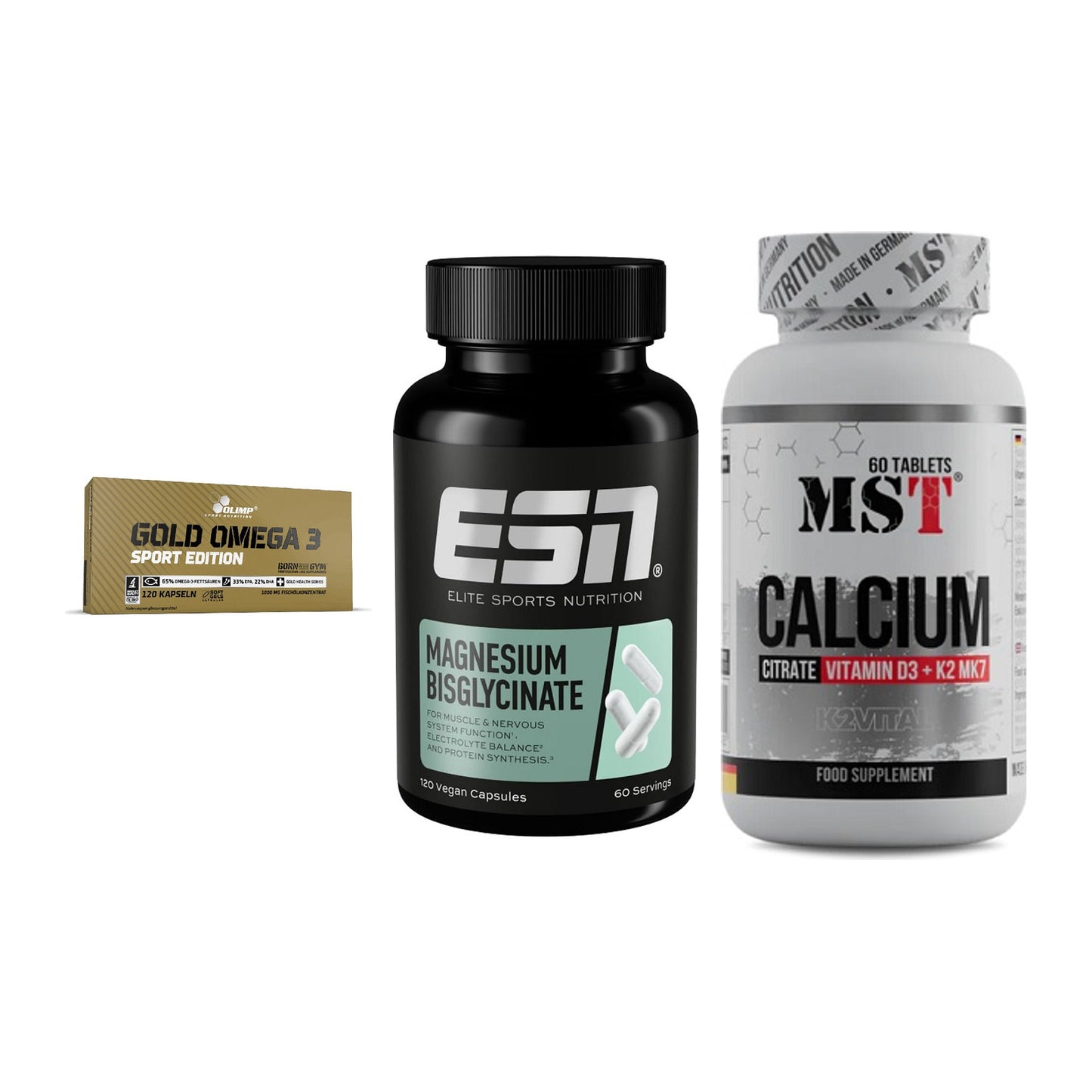 Herz & Gefäße: Olimp Omega 3 + ESN Magnesium + MST Calcium – alle enthaltenen Artikel
