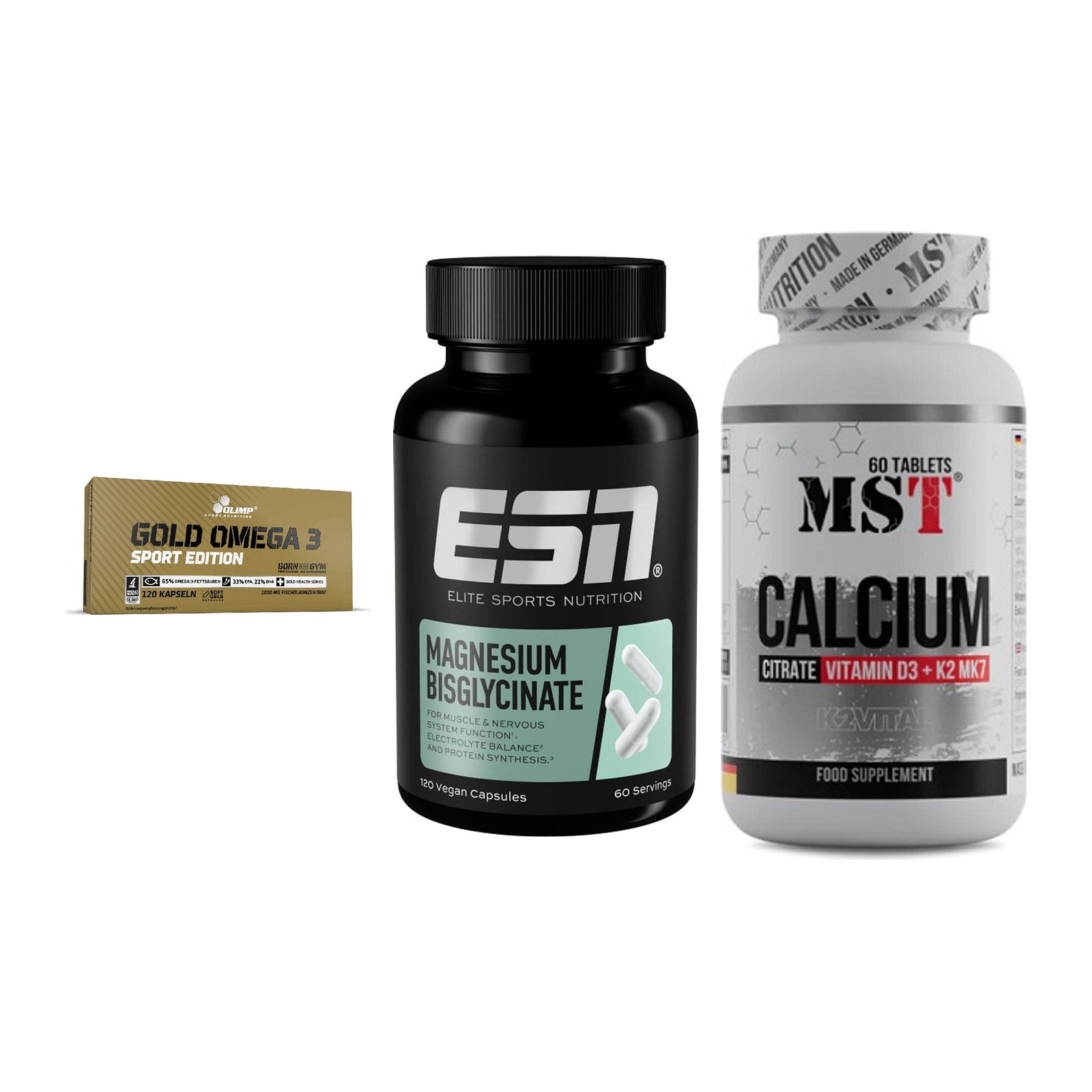 Herz & Gefäße: Olimp Omega 3 + ESN Magnesium + MST Calcium – alle enthaltenen Artikel