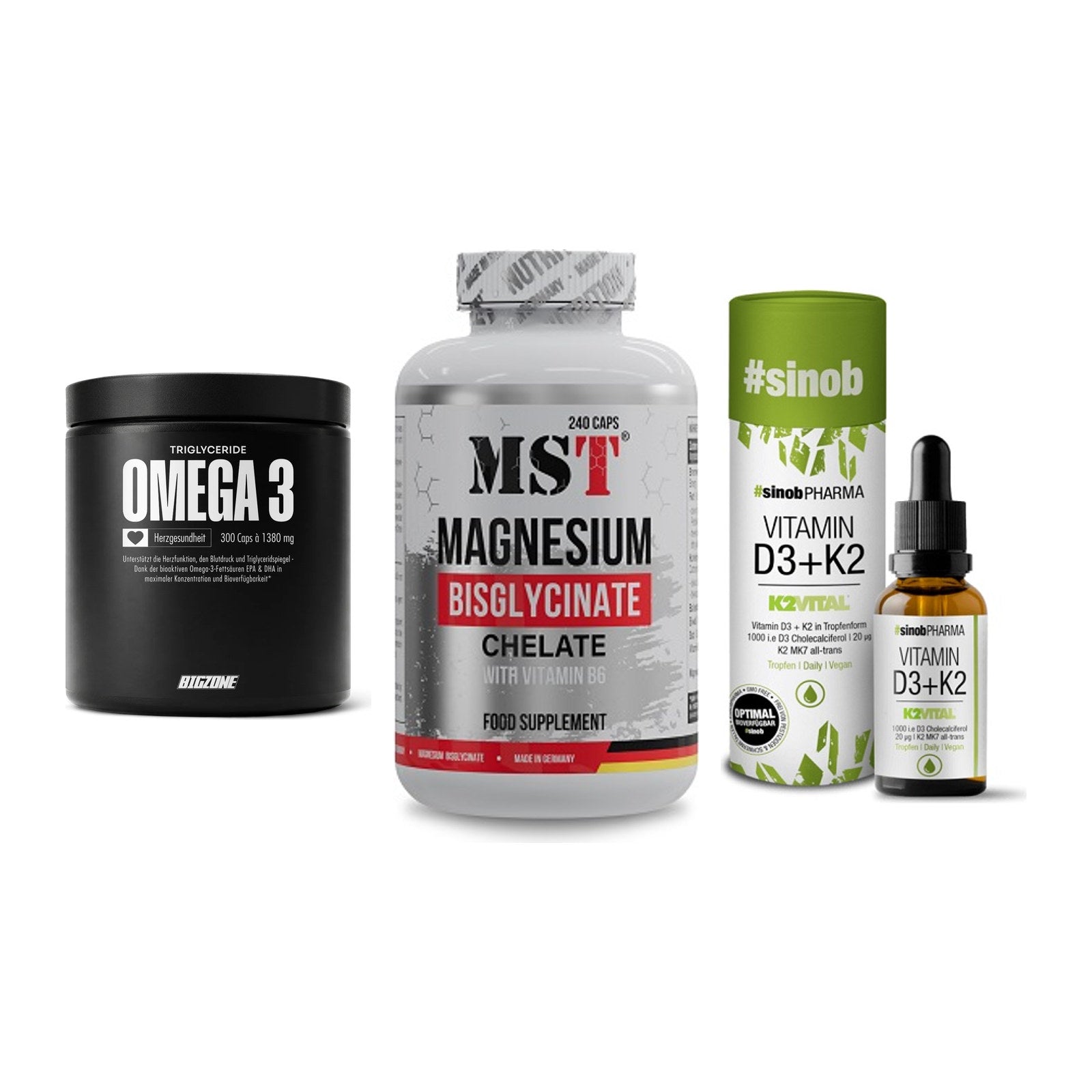 Herz & Gefäße: Big Zone Omega 3 + MST Magnesium + Sinob Vitamin D3 – alle enthaltenen Artikel