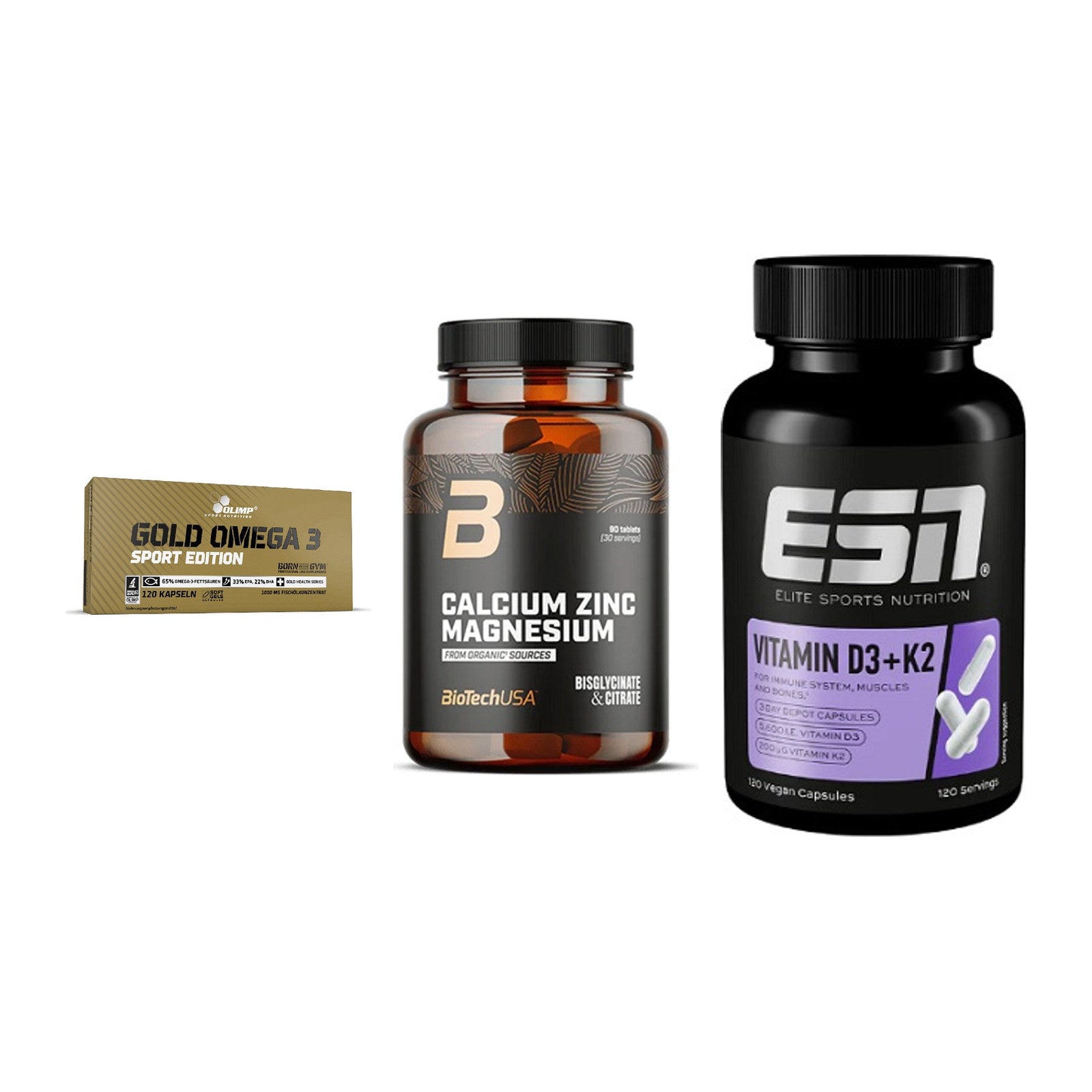 Herz & Gefäße: Olimp Omega 3 + BioTech Calcium + ESN Vitamin D3 – alle enthaltenen Artikel
