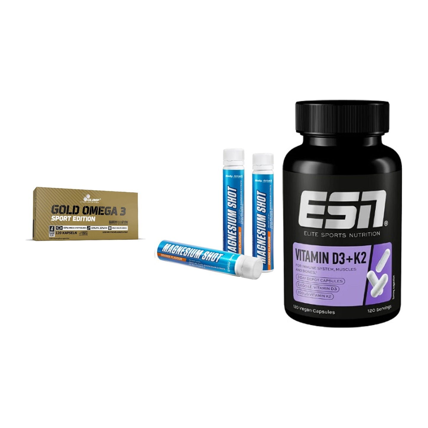 Herz & Gefäße: Olimp Omega 3 + Body Attack + ESN Vitamin D3 – alle enthaltenen Artikel