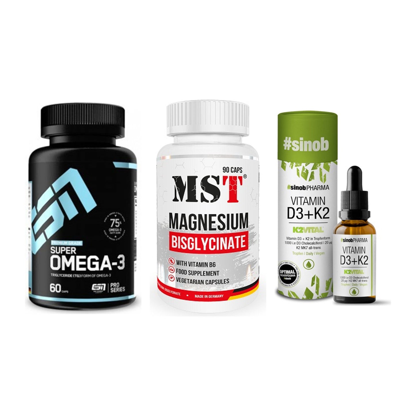 Herz & Gefäße: ESN Omega 3 + MST Magnesium + Sinob Vitamin D3 – alle enthaltenen Artikel