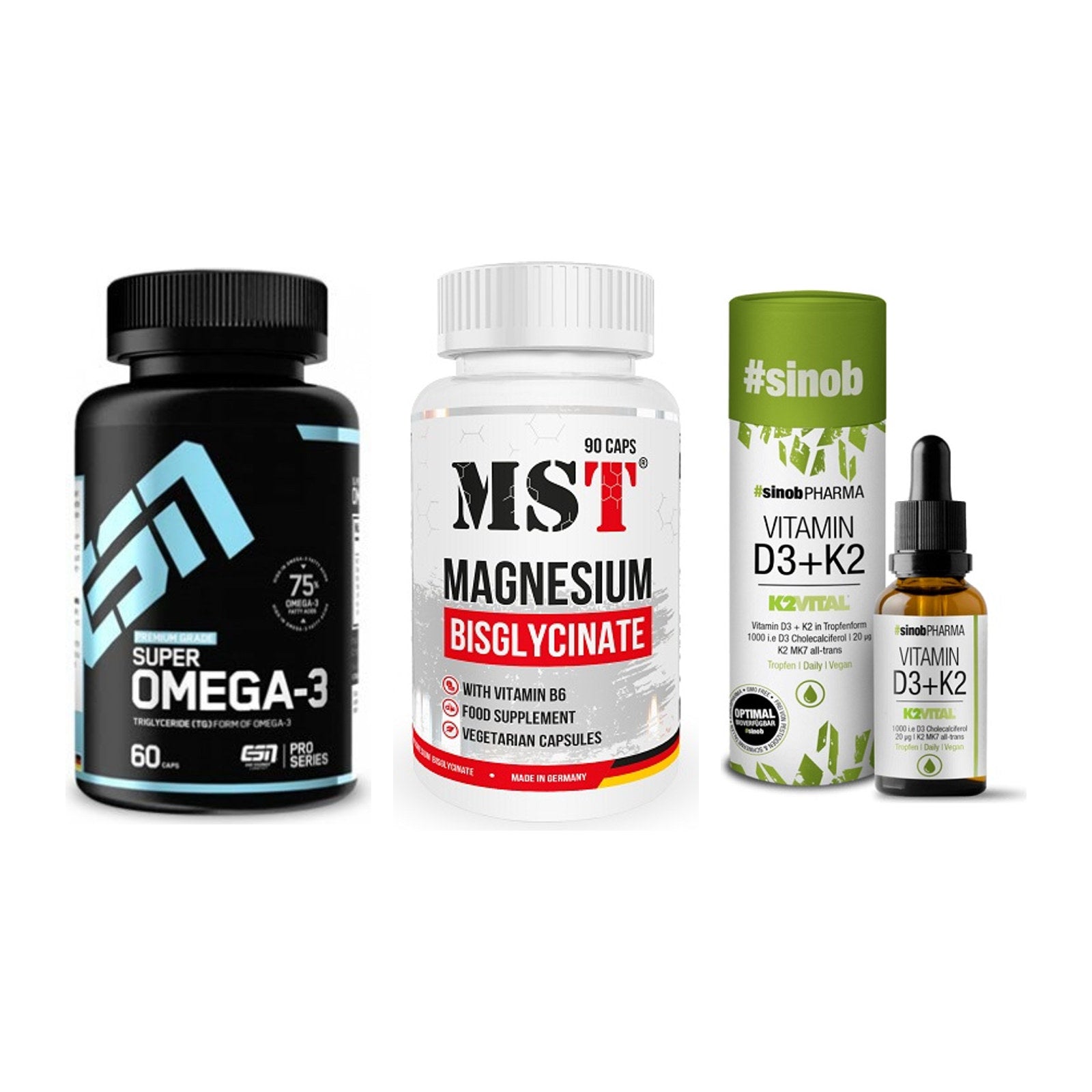 Herz & Gefäße: ESN Omega 3 + MST Magnesium + Sinob Vitamin D3 – alle enthaltenen Artikel