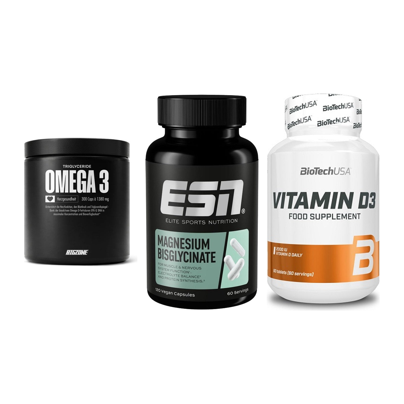 Herz & Gefäße: Big Zone Omega 3 + ESN Magnesium + BioTech Vitamin – alle enthaltenen Artikel
