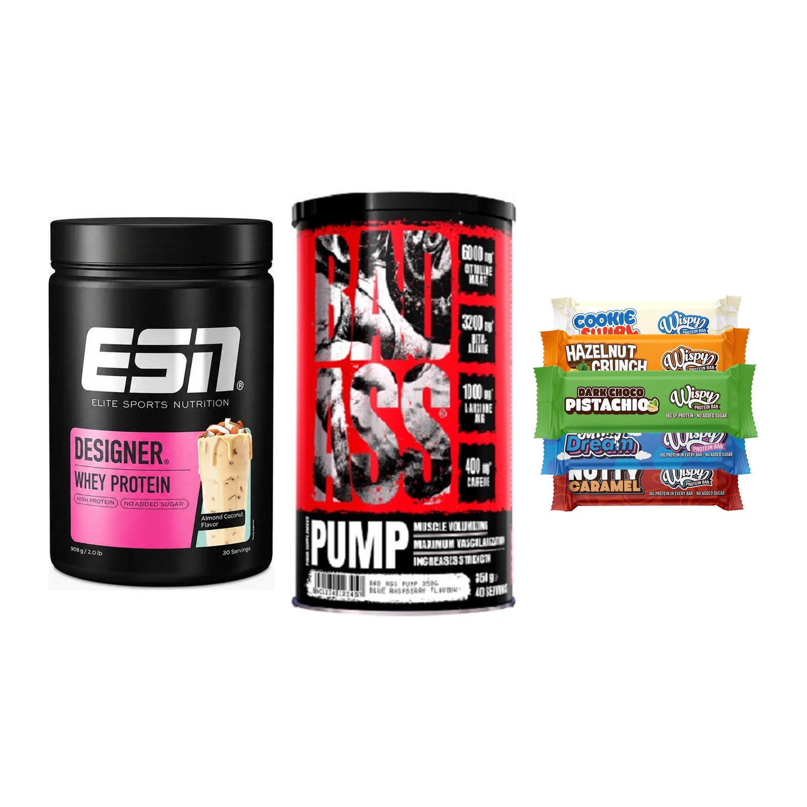 Home-Gym-Starter: ESN Designer + BAD ASS Pump + 5× Wispy Protein – alle enthaltenen Artikel