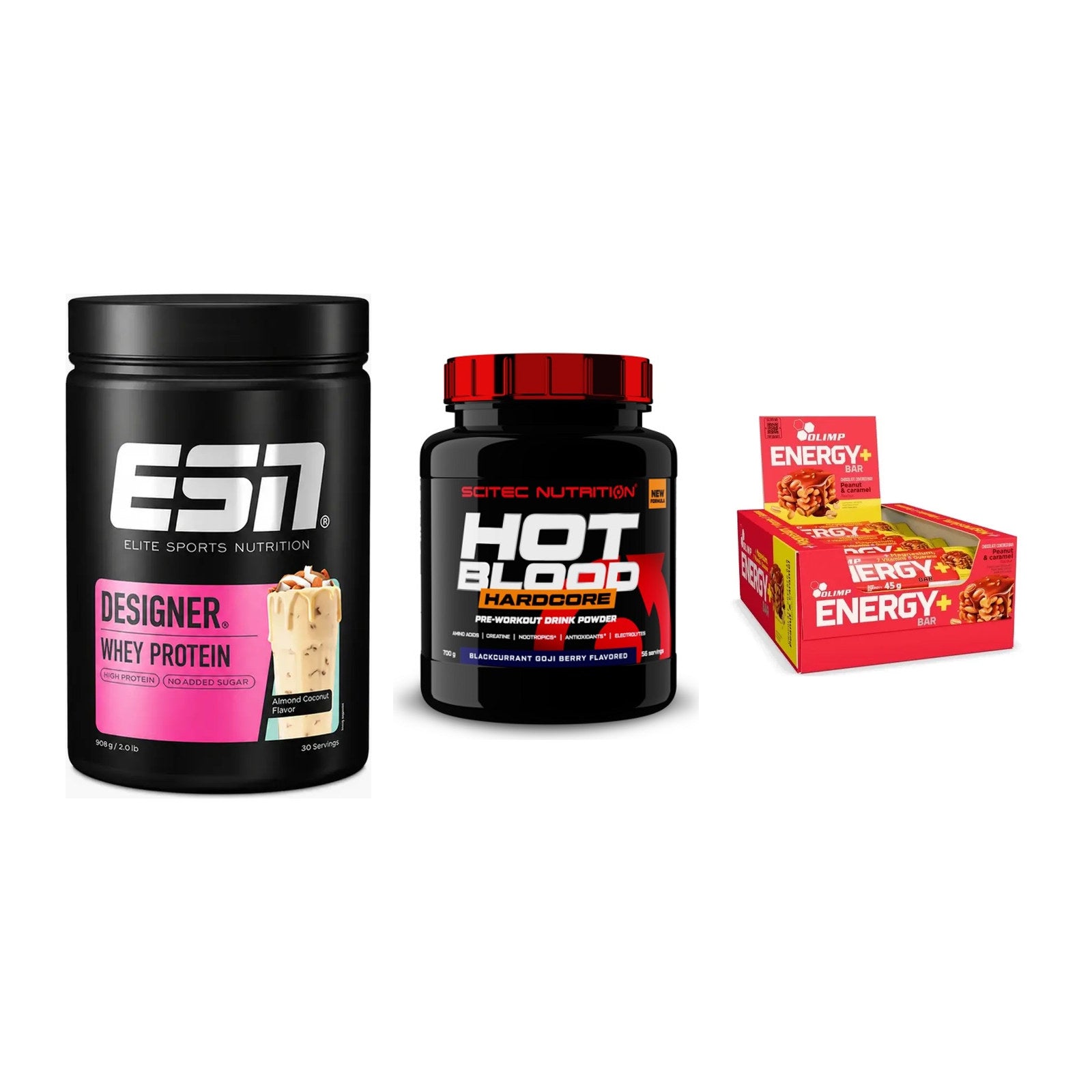Home-Gym-Starter: ESN Designer + Scitec Hot + 5× Olimp Energy – alle enthaltenen Artikel