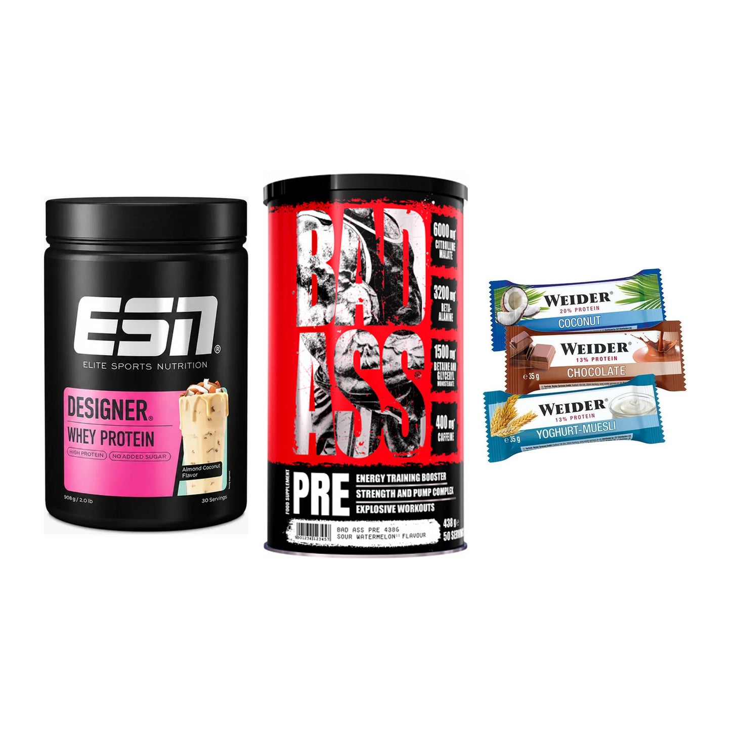 Home-Gym-Starter: ESN Designer Whey + BAD ASS Pre + 5× Weider BAR – alle enthaltenen Artikel