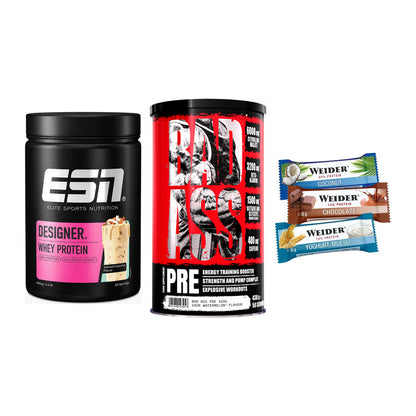 Home-Gym-Starter: ESN Designer Whey + BAD ASS Pre + 5× Weider BAR – alle enthaltenen Artikel