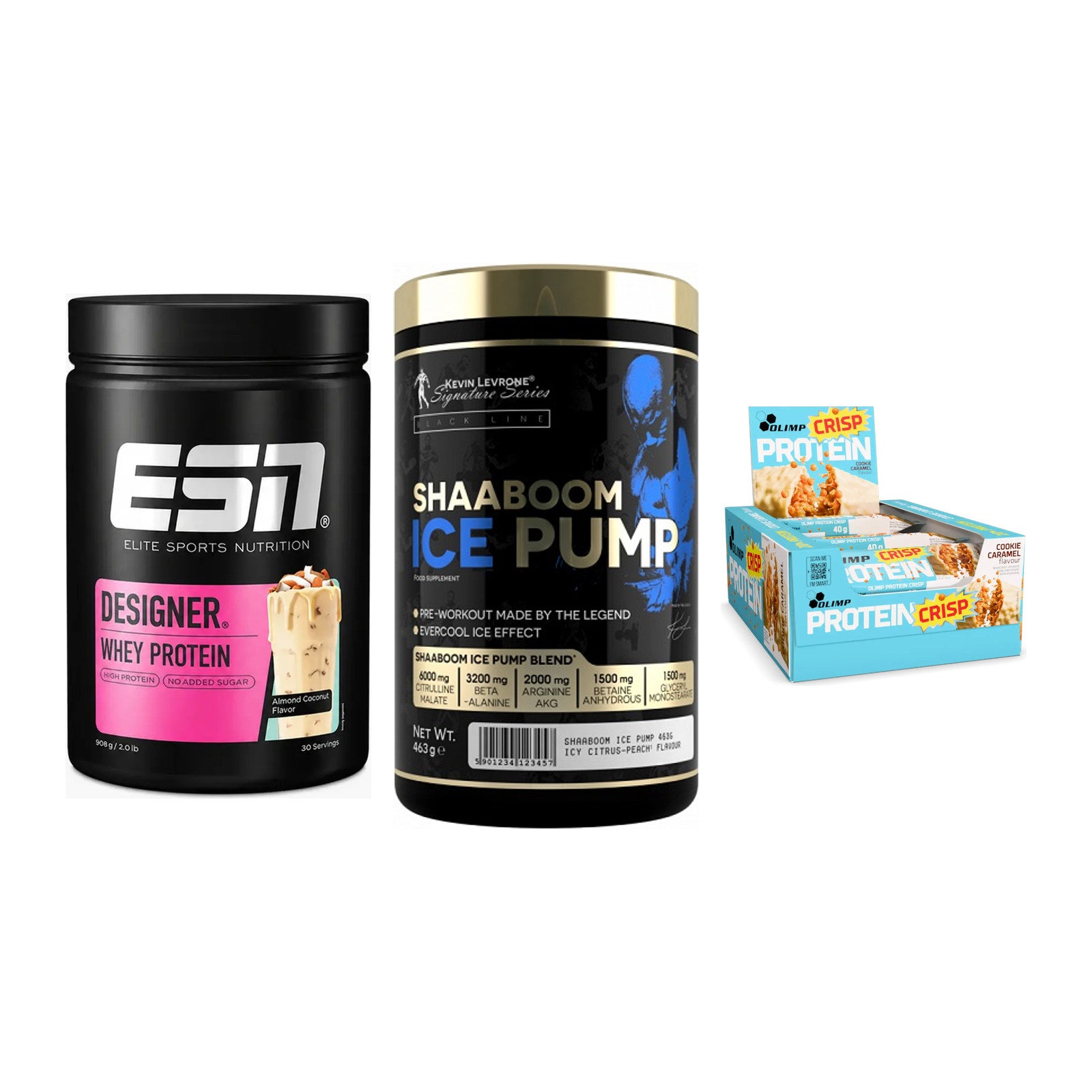 Home-Gym-Starter: ESN Designer + Kevin Levrone + 5× Olimp Protein – alle enthaltenen Artikel