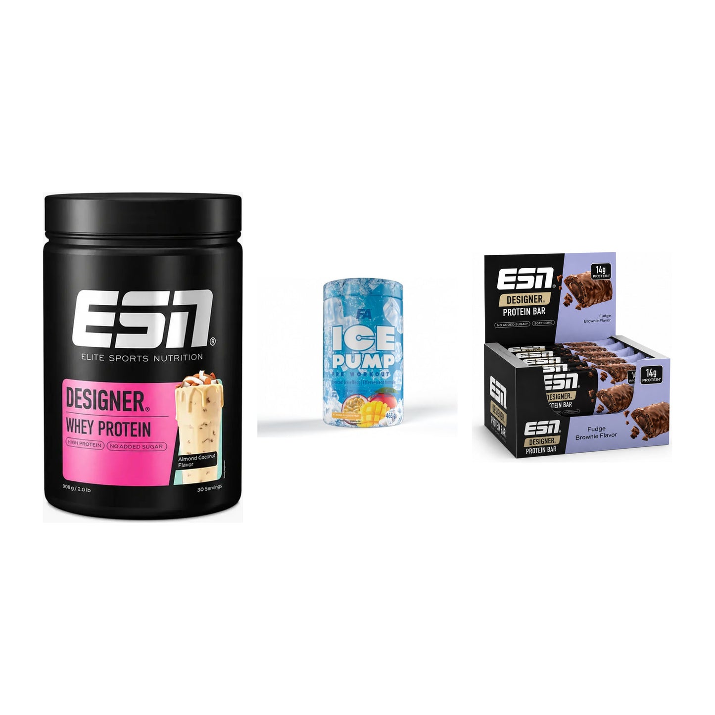 Home-Gym-Starter: ESN Designer Whey + FA Nutrition ICE + 1 weitere – alle enthaltenen Artikel