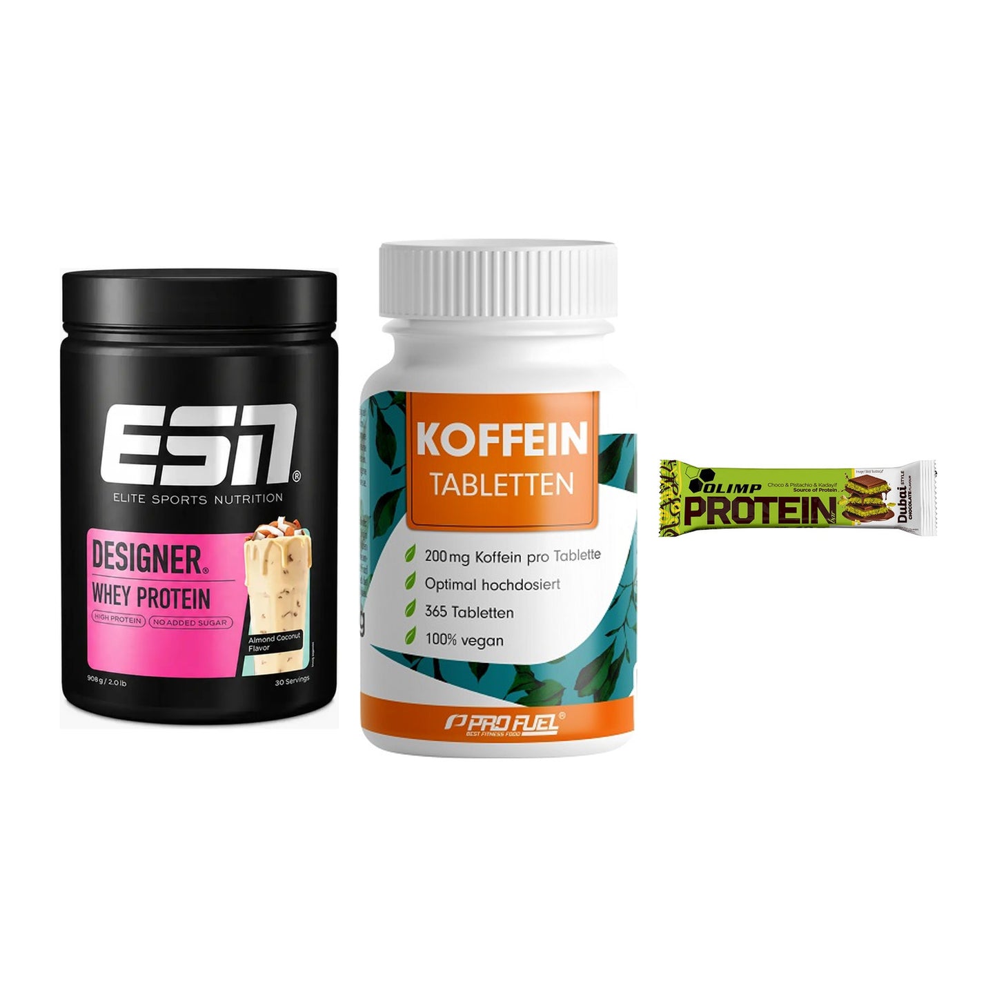 Home-Gym-Starter: ESN Designer + ProFuel Koffein + 5× Olimp Protein – alle enthaltenen Artikel