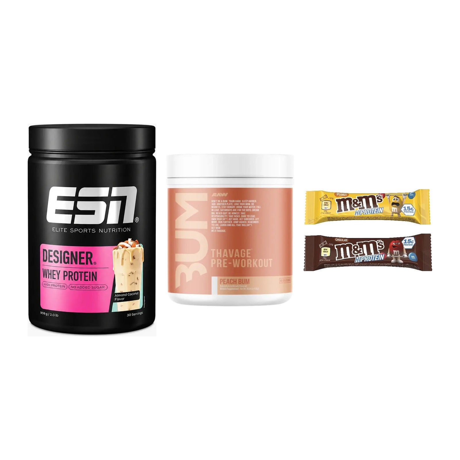 Home-Gym-Starter: ESN Designer + RAW Nutrition + 5× M&M Protein Bar – alle enthaltenen Artikel