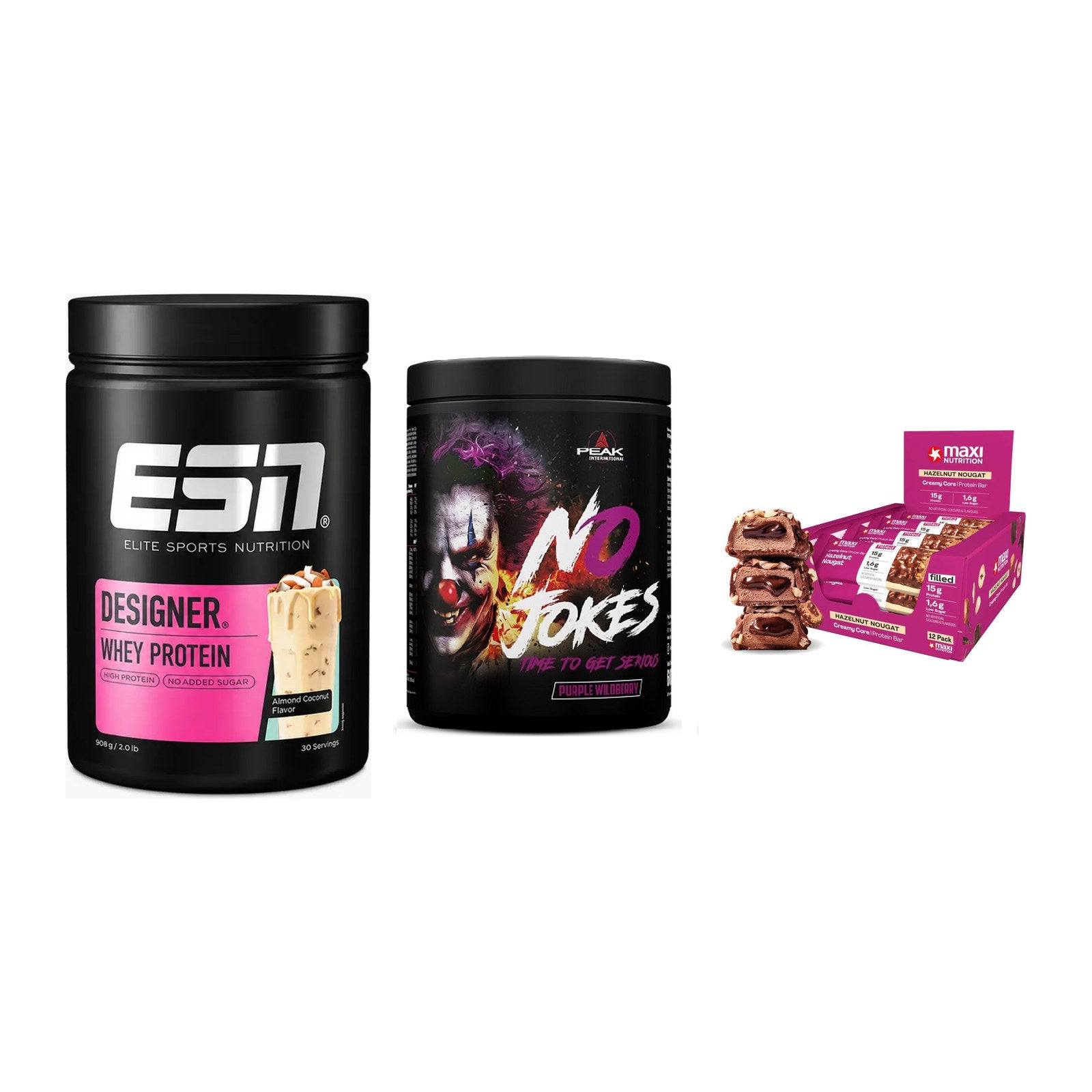 Home-Gym-Starter: ESN Designer + Peak No Jokes + 5× MaxiNutrition – alle enthaltenen Artikel
