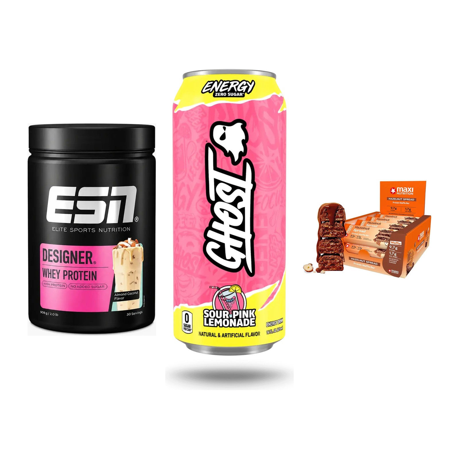 Home-Gym-Starter: ESN Designer + Ghost Energy + 5× MaxiNutrition – alle enthaltenen Artikel