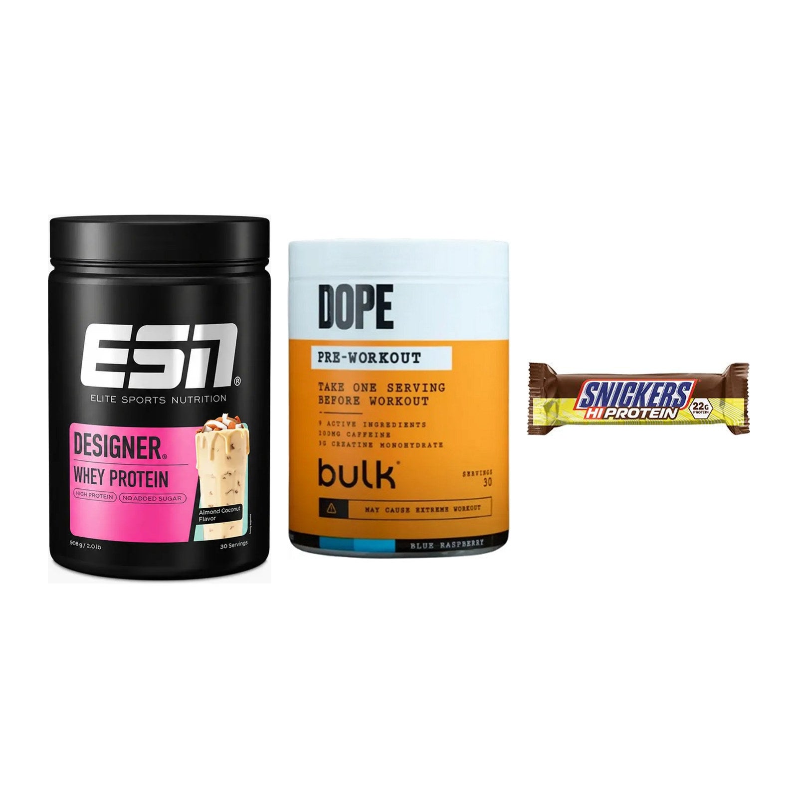 Home-Gym-Starter: ESN Designer + Bulk Dope + 5× Snickers High – alle enthaltenen Artikel