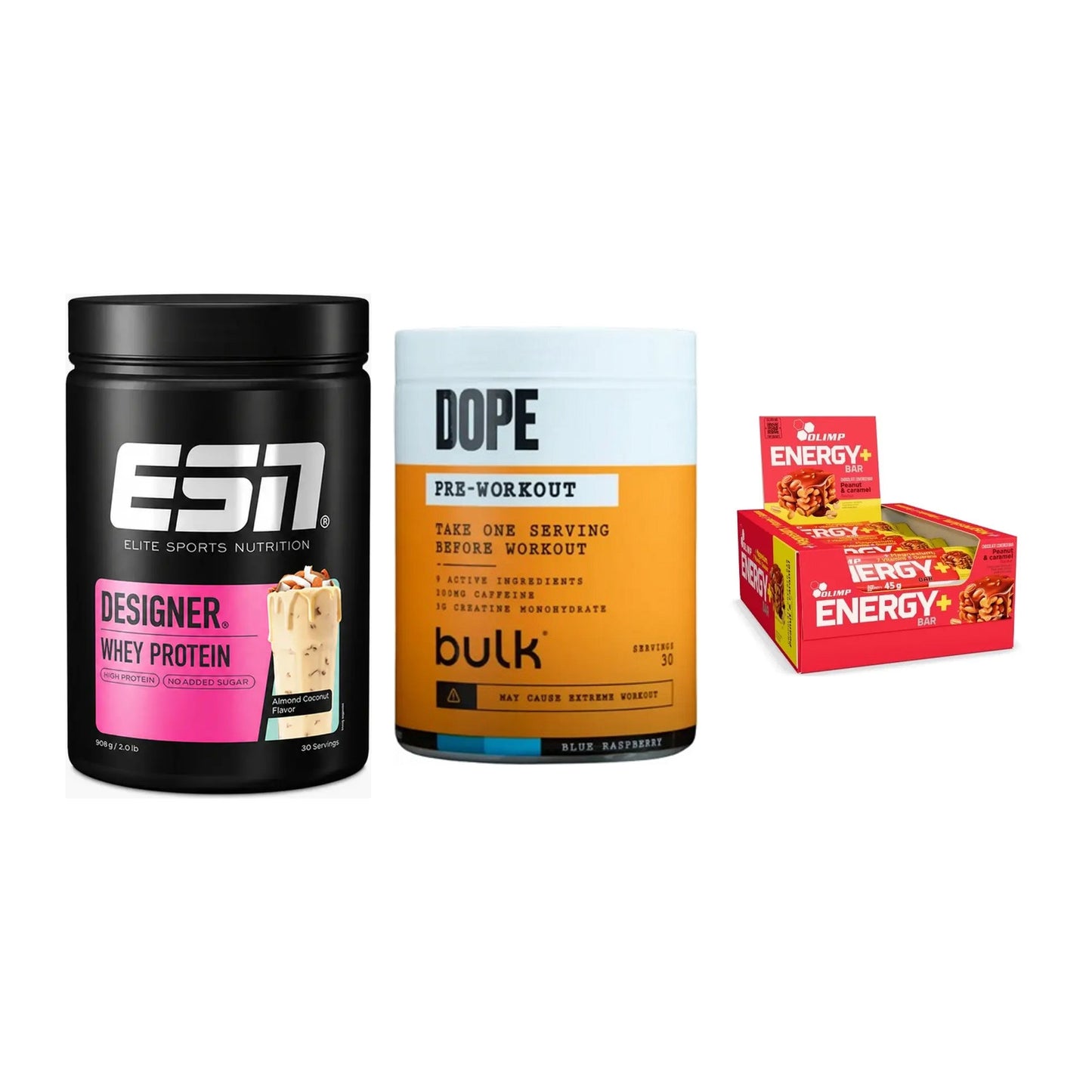 Home-Gym-Starter: ESN Designer + Bulk Dope + 5× Olimp Energy – alle enthaltenen Artikel