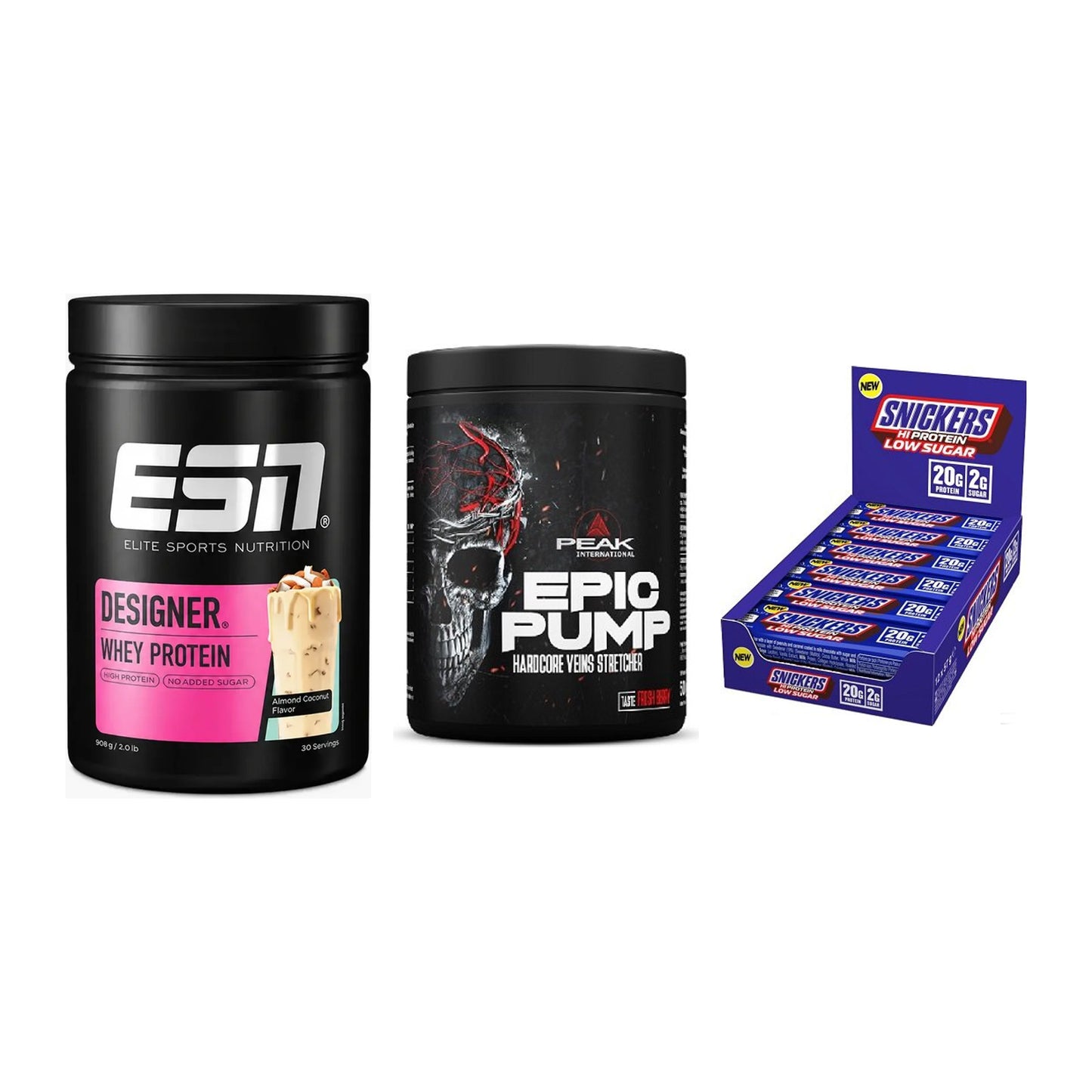 Home-Gym-Starter: ESN Designer + Peak EPIC Pump + 5× Snickers LOW – alle enthaltenen Artikel