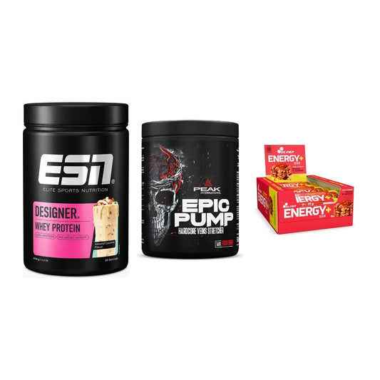 Home-Gym-Starter: ESN Designer + Peak EPIC Pump + 5× Olimp Energy – alle enthaltenen Artikel