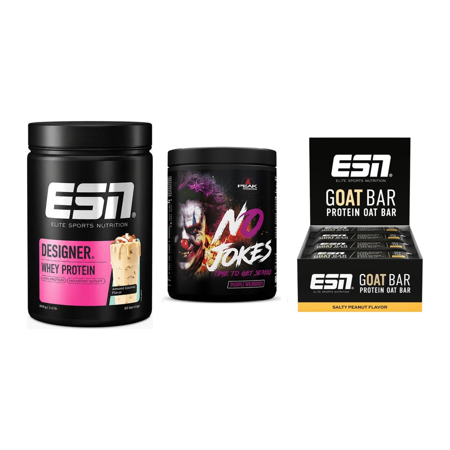 Home-Gym-Starter: ESN Designer Whey + Peak No Jokes + 5× ESN Goat Bar – alle enthaltenen Artikel
