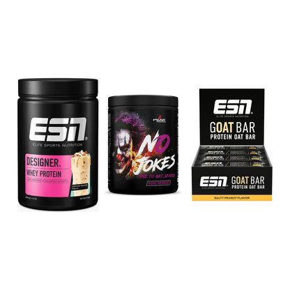 Home-Gym-Starter: ESN Designer Whey + Peak No Jokes + 5× ESN Goat Bar – alle enthaltenen Artikel