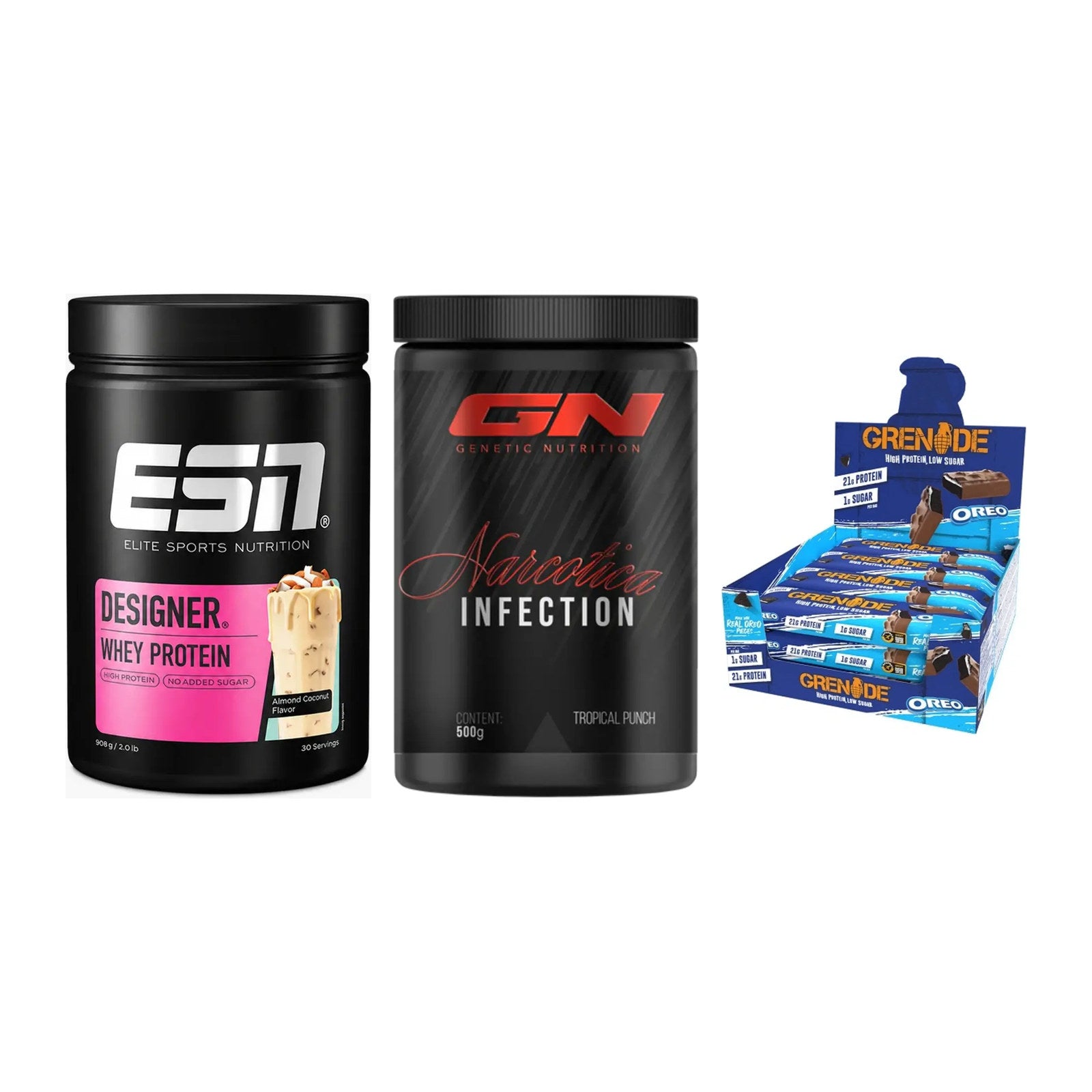 Home-Gym-Starter: ESN Designer + GN Narcotica + 5× Grenade Protein – alle enthaltenen Artikel