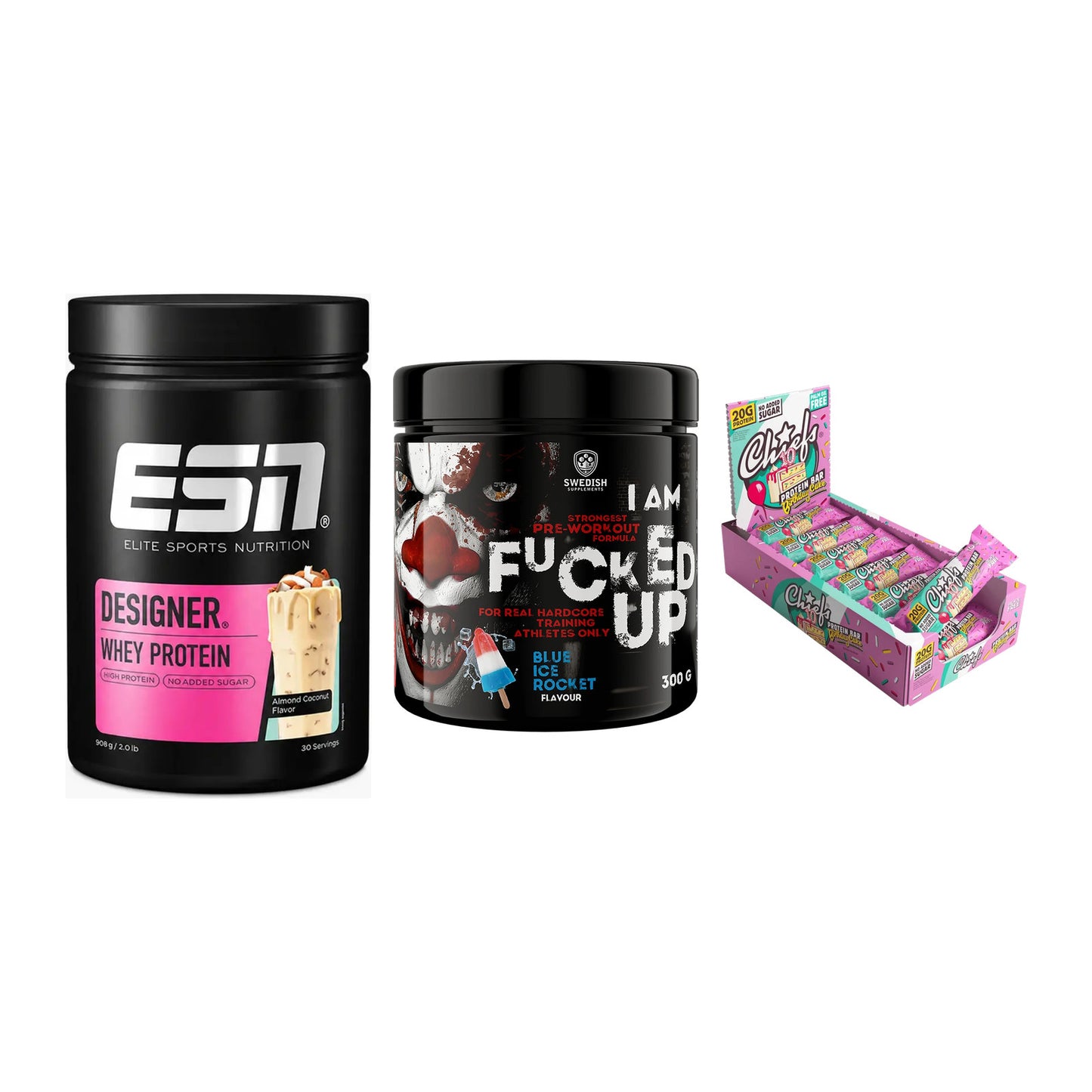Home-Gym-Starter: ESN Designer + Swedish Supplem + 5× Chiefs Protein – alle enthaltenen Artikel