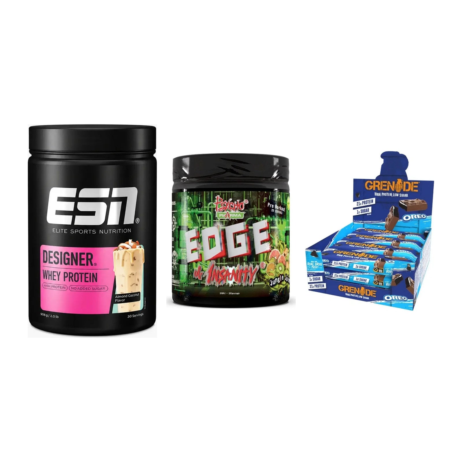 Home-Gym-Starter: ESN Designer + Psycho Pharma + 5× Grenade Protein – alle enthaltenen Artikel
