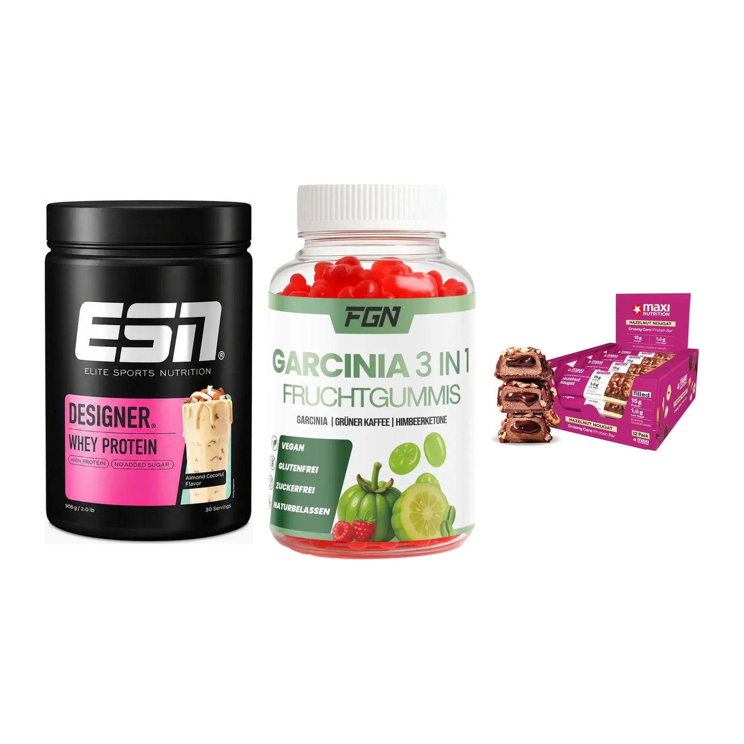 Home-Gym-Starter: ESN Designer + FGN Garcinia 60 + 5× MaxiNutrition – alle enthaltenen Artikel