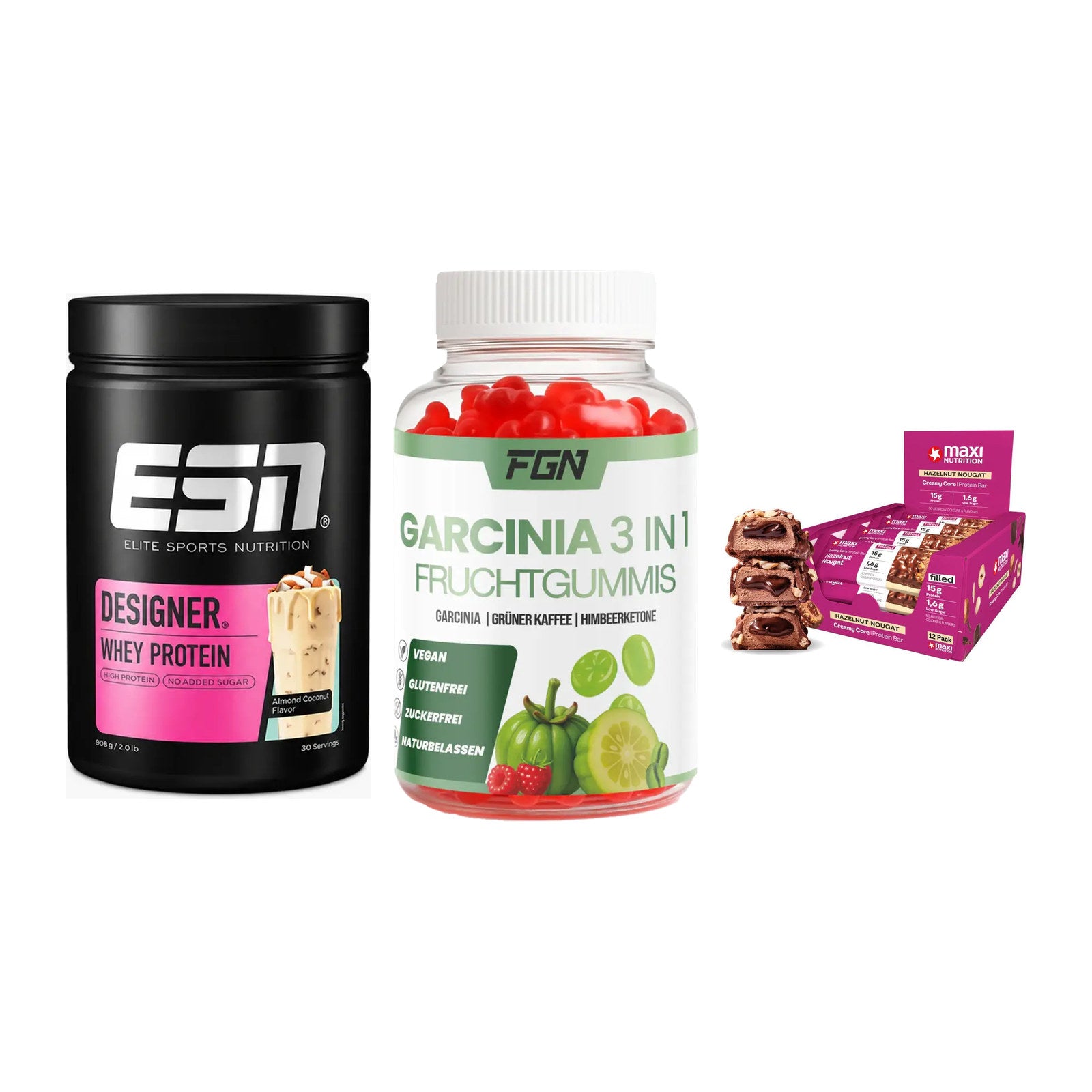 Home-Gym-Starter: ESN Designer + FGN Garcinia 60 + 5× MaxiNutrition – alle enthaltenen Artikel