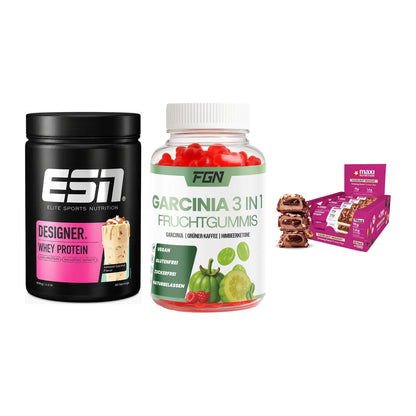Home-Gym-Starter: ESN Designer + FGN Garcinia 60 + 5× MaxiNutrition – alle enthaltenen Artikel