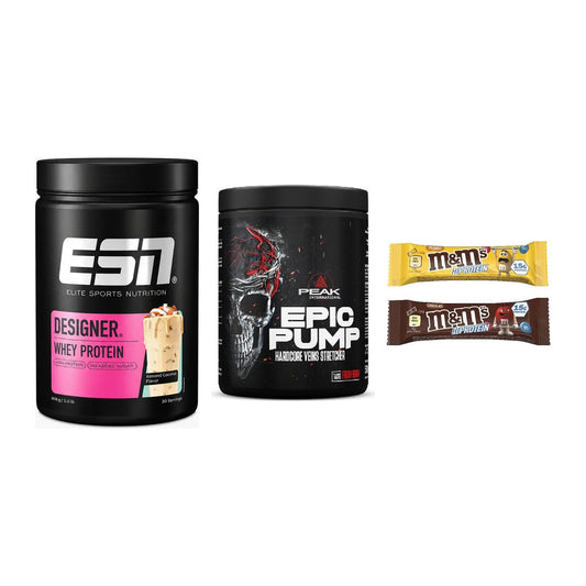 Home-Gym-Starter: ESN Designer + Peak EPIC Pump + 5× M&M Protein Bar – alle enthaltenen Artikel