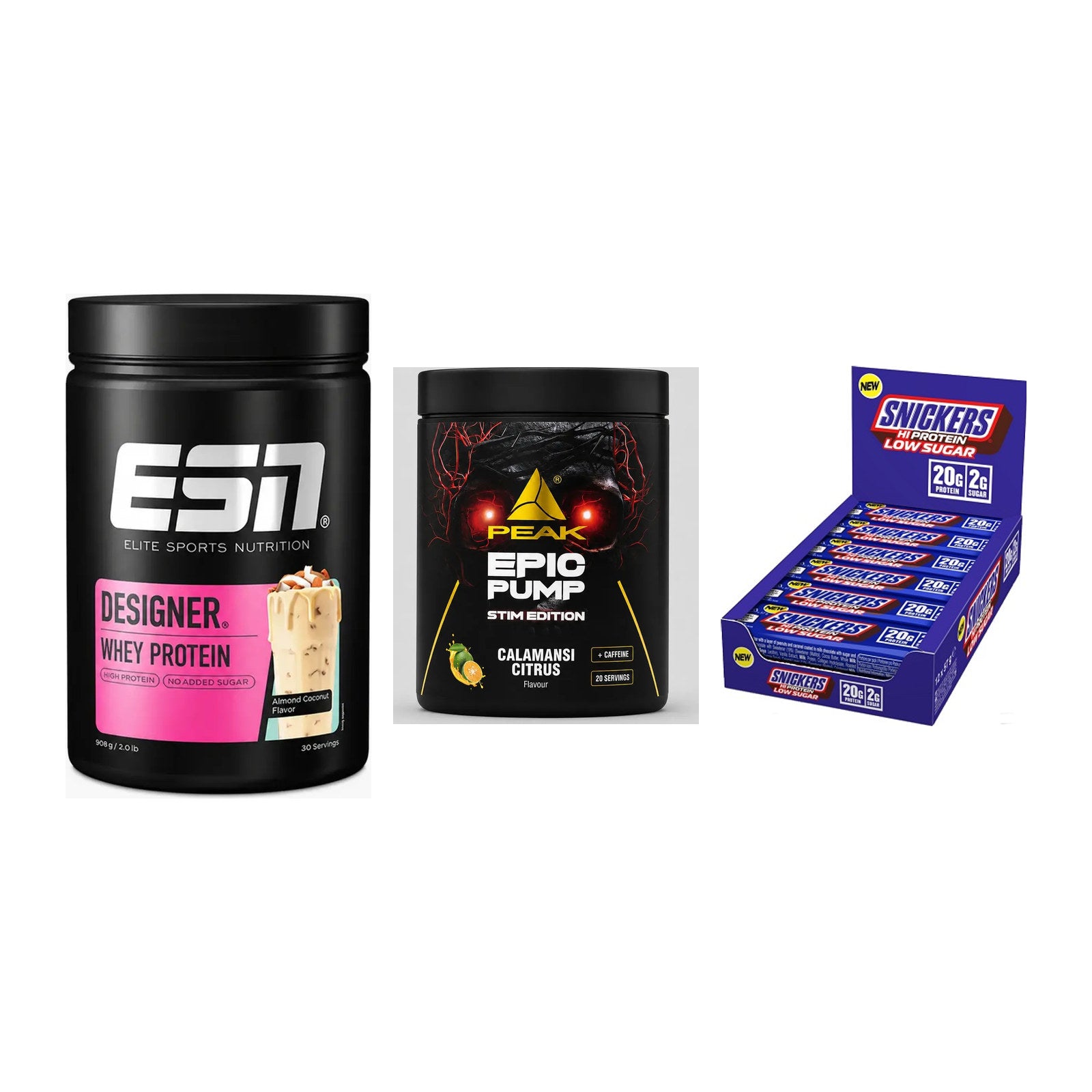 Home-Gym-Starter: ESN Designer + Peak Epic Pump + 5× Snickers LOW – alle enthaltenen Artikel