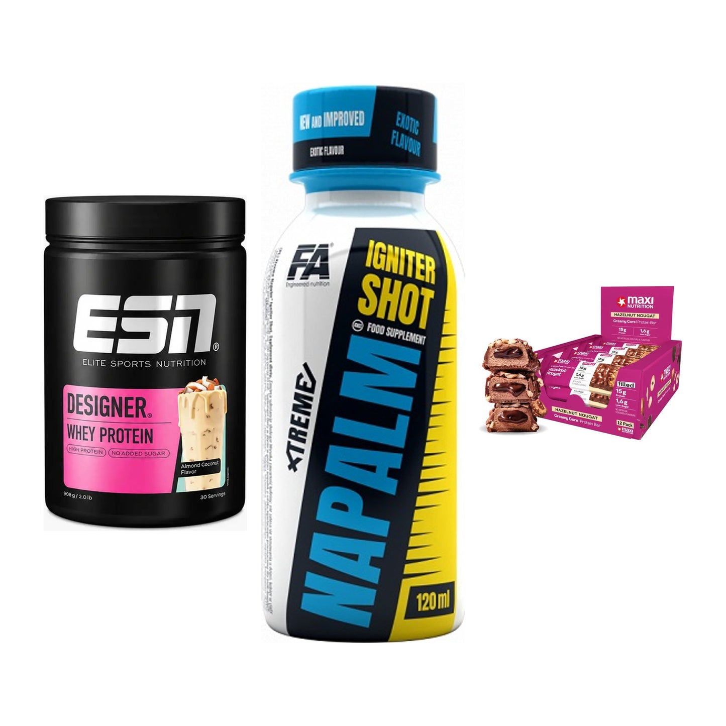 Home-Gym-Starter: ESN Designer + FA Nutrition + 5× MaxiNutrition – alle enthaltenen Artikel