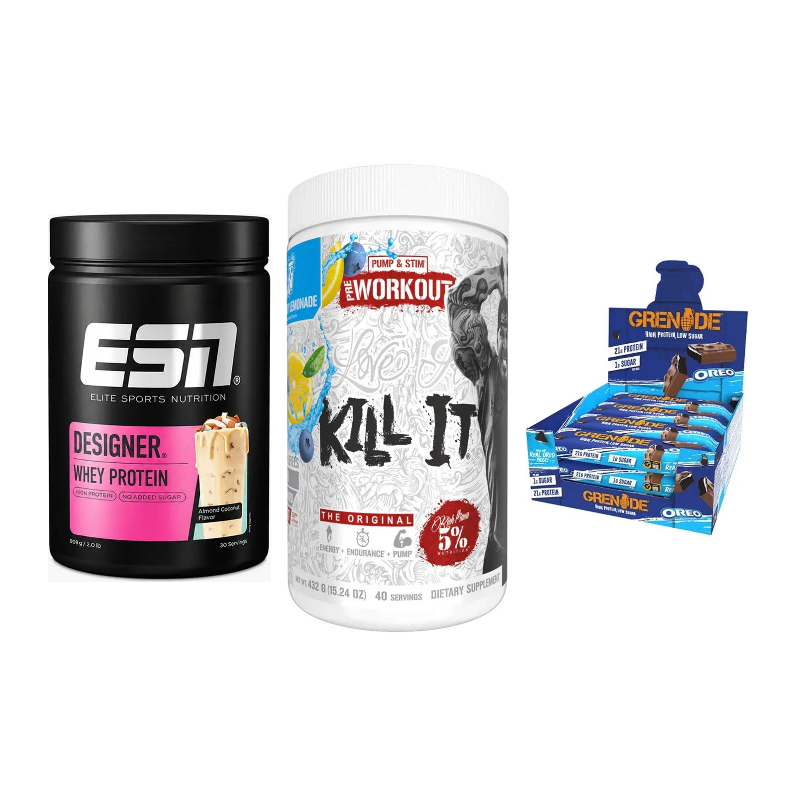 Home-Gym-Starter: ESN Designer + Rich Piana 5% + 5× Grenade Protein – alle enthaltenen Artikel