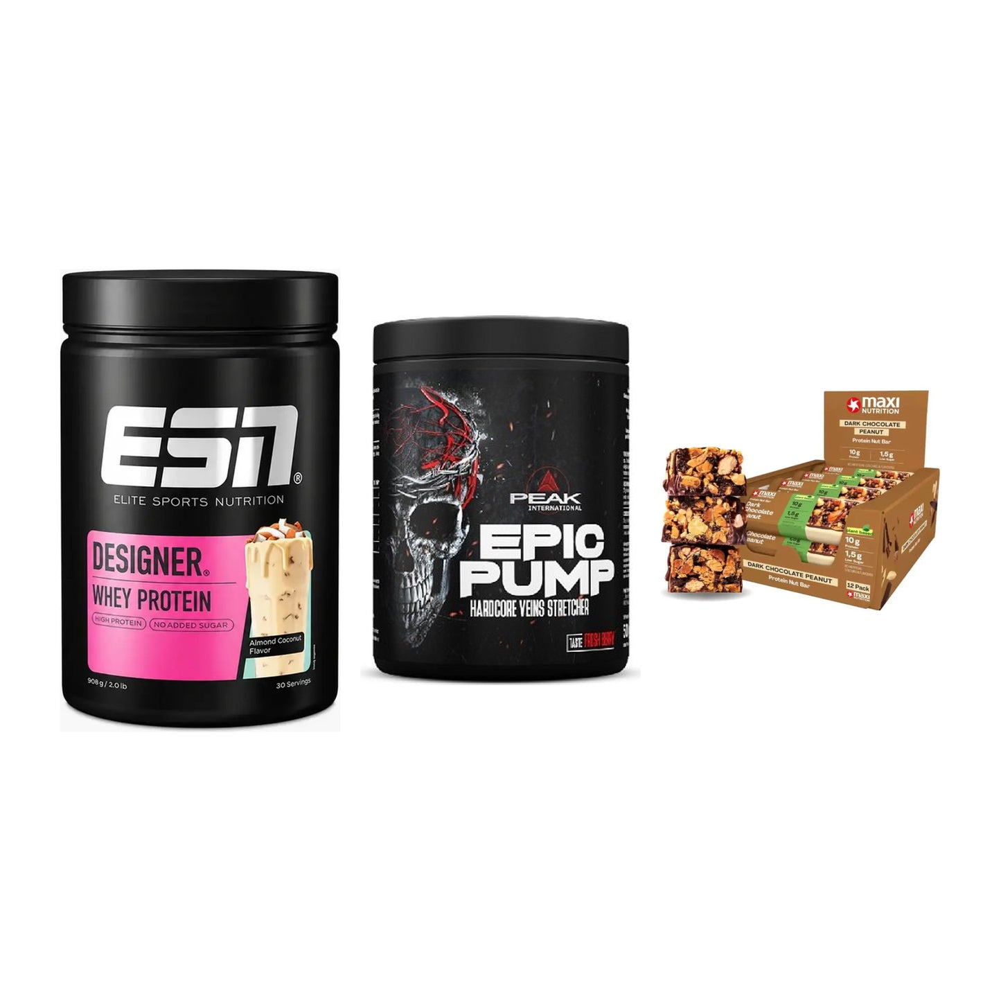 Home-Gym-Starter: ESN Designer + Peak EPIC Pump + 5× MaxiNutrition – alle enthaltenen Artikel