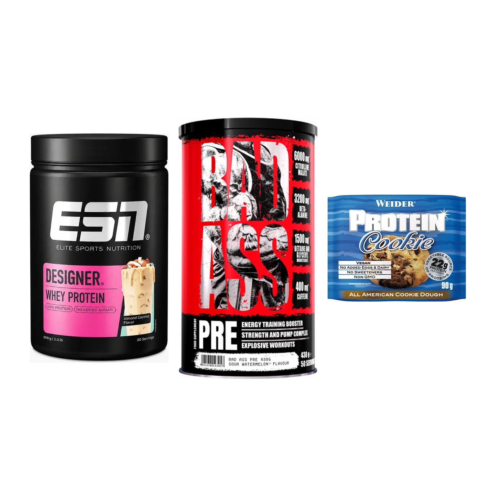Home-Gym-Starter: ESN Designer + BAD ASS Pre + 5× Weider Protein – alle enthaltenen Artikel