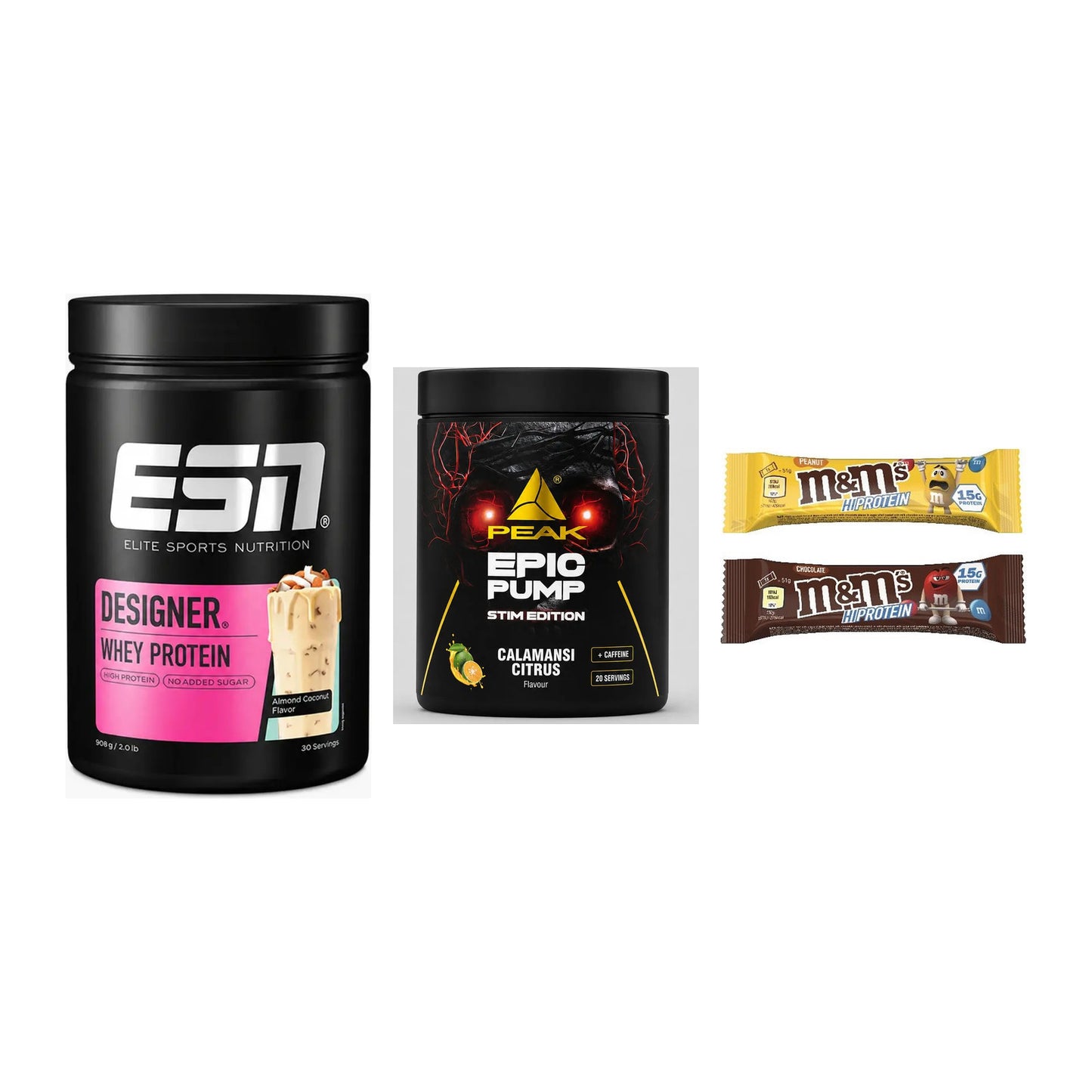 Home-Gym-Starter: ESN Designer + Peak Epic Pump + 5× M&M Protein Bar – alle enthaltenen Artikel