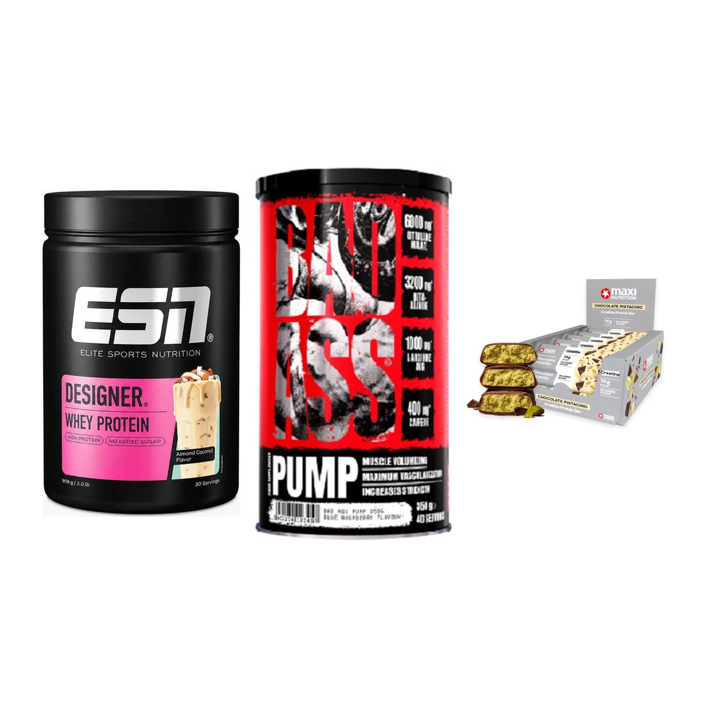 Home-Gym-Starter: ESN Designer + BAD ASS Pump + 5× MaxiNutrition – alle enthaltenen Artikel