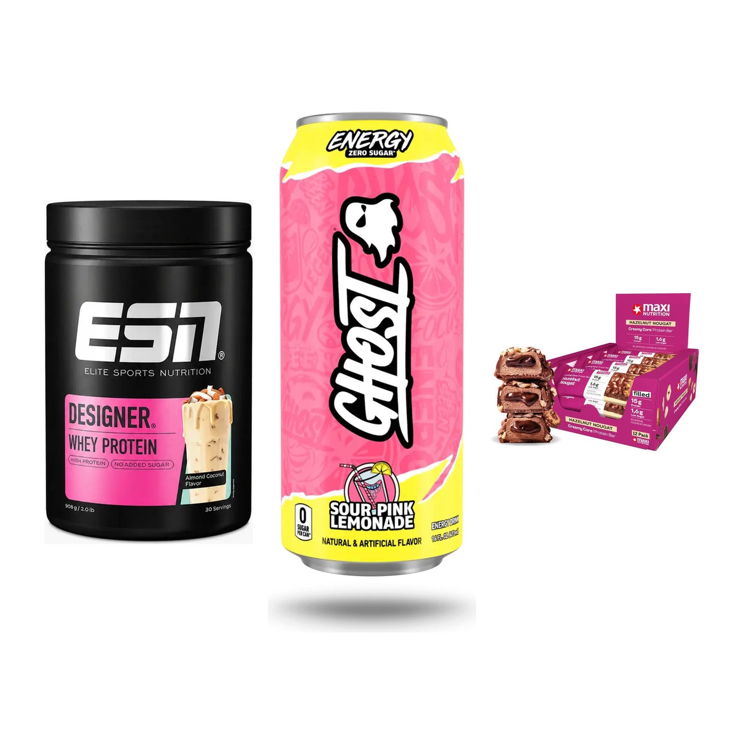 Home-Gym-Starter: ESN Designer + Ghost Energy + 5× MaxiNutrition – alle enthaltenen Artikel