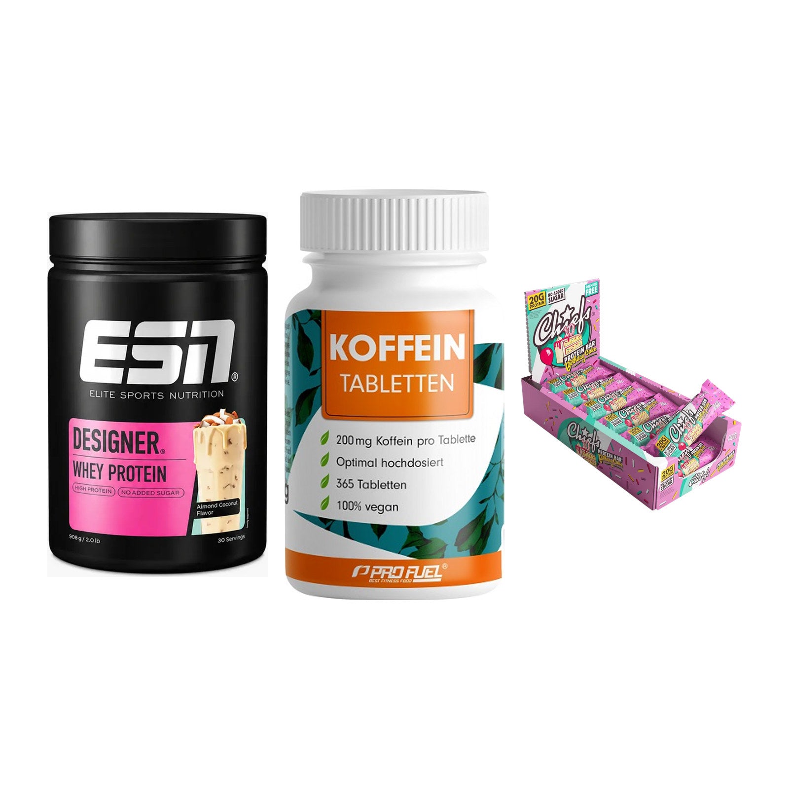 Home-Gym-Starter: ESN Designer + ProFuel Koffein + 5× Chiefs Protein – alle enthaltenen Artikel