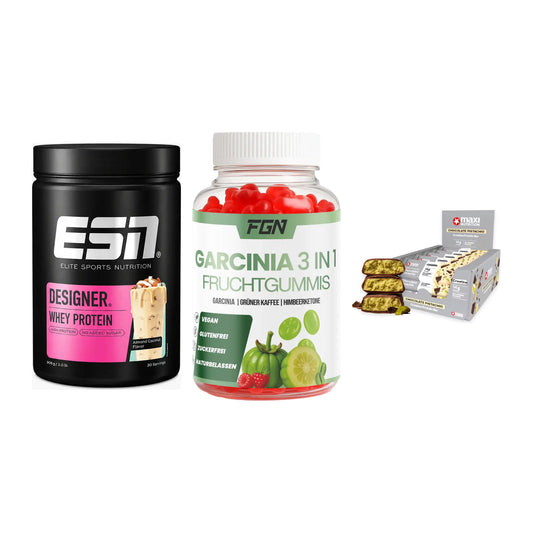 Home-Gym-Starter: ESN Designer + FGN Garcinia 60 + 5× MaxiNutrition – alle enthaltenen Artikel