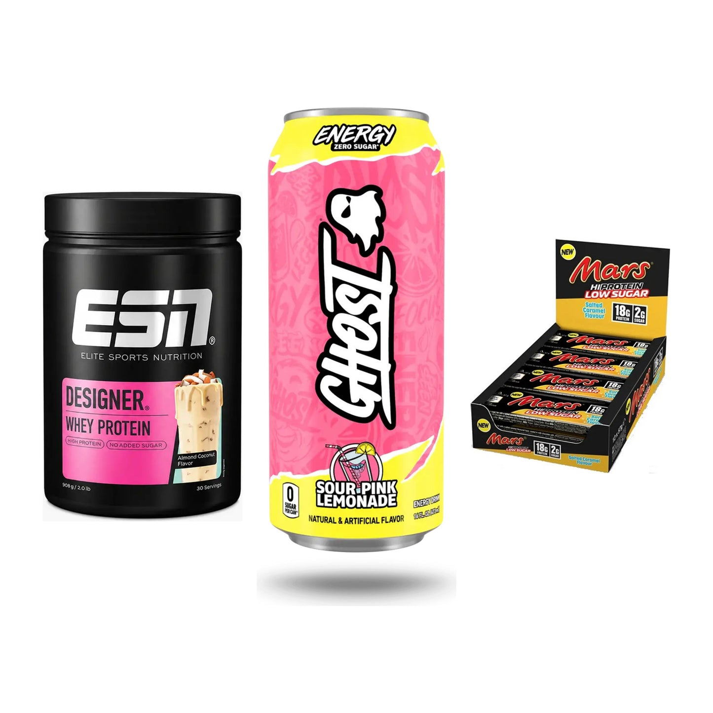Home-Gym-Starter: ESN Designer + Ghost Energy + 5× Mars Low Sugar – alle enthaltenen Artikel