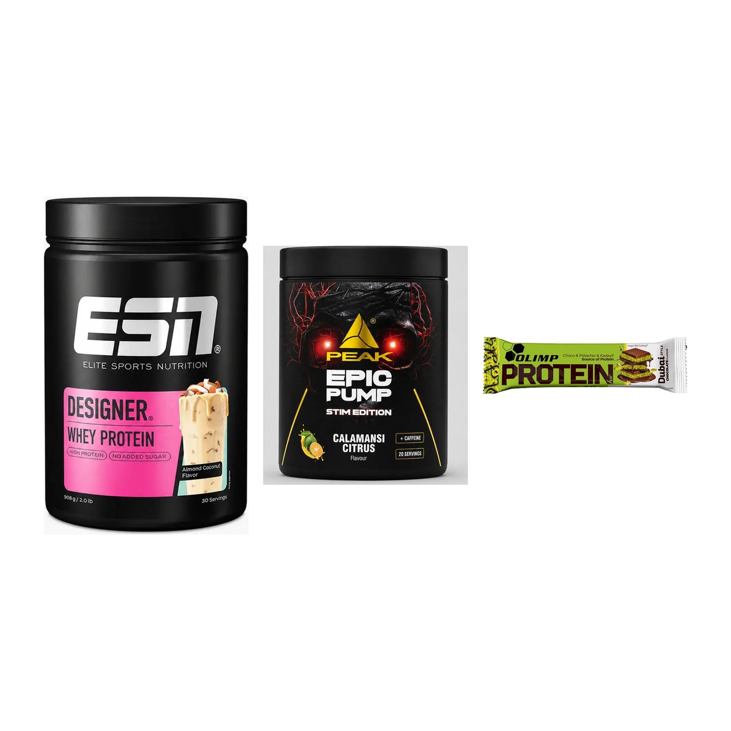 Home-Gym-Starter: ESN Designer + Peak Epic Pump + 5× Olimp Protein – alle enthaltenen Artikel